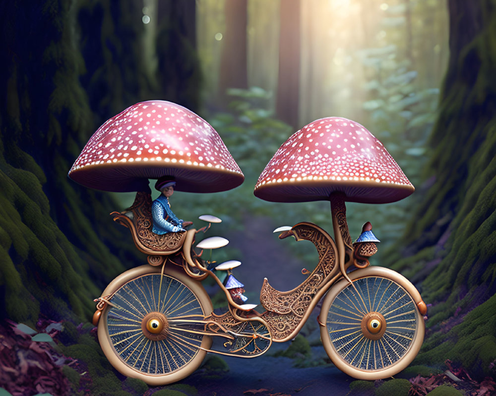 Whimsical bicycle illustration with mushroom seats, bird, and character in forest