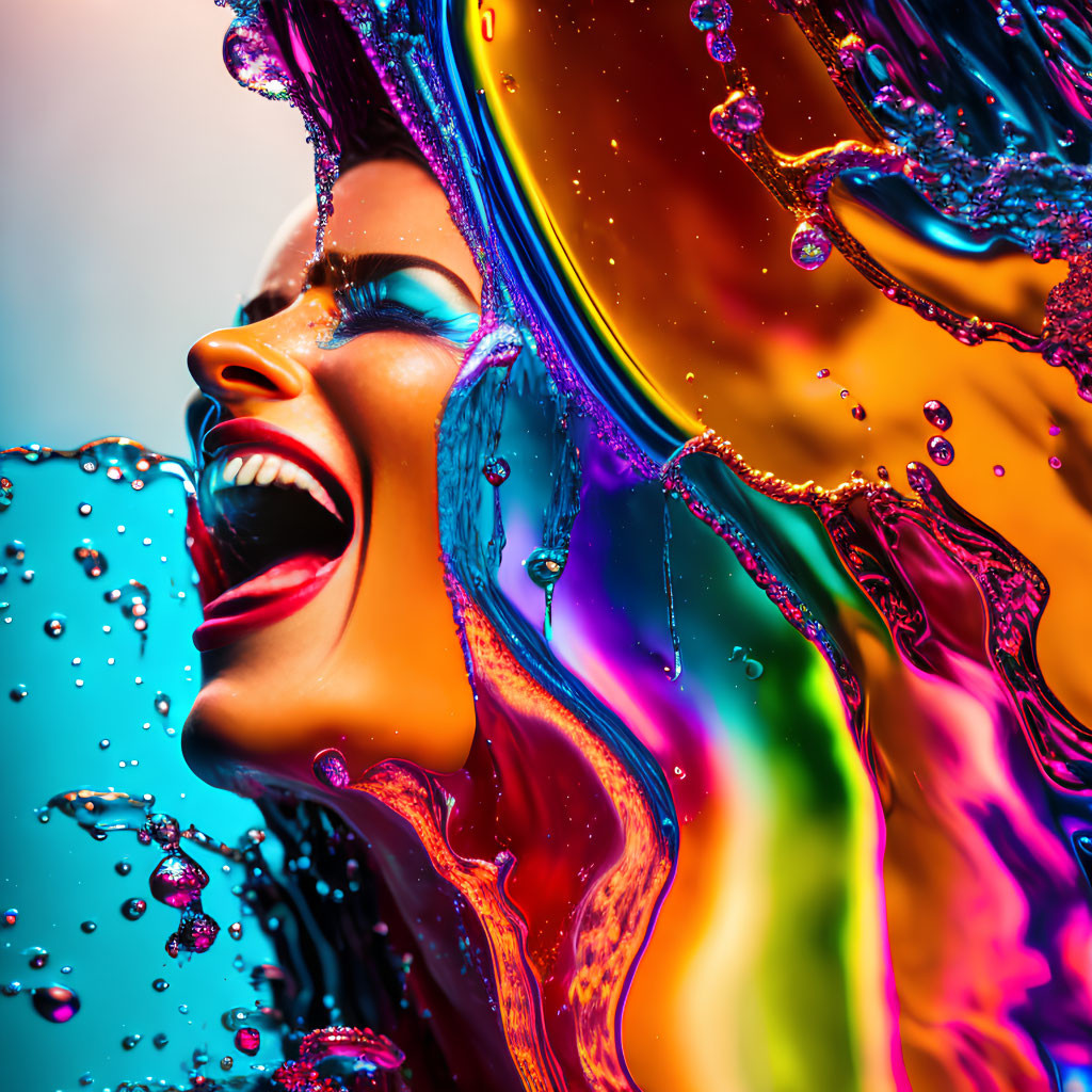 Colorful liquid splashes around woman's joyful side profile