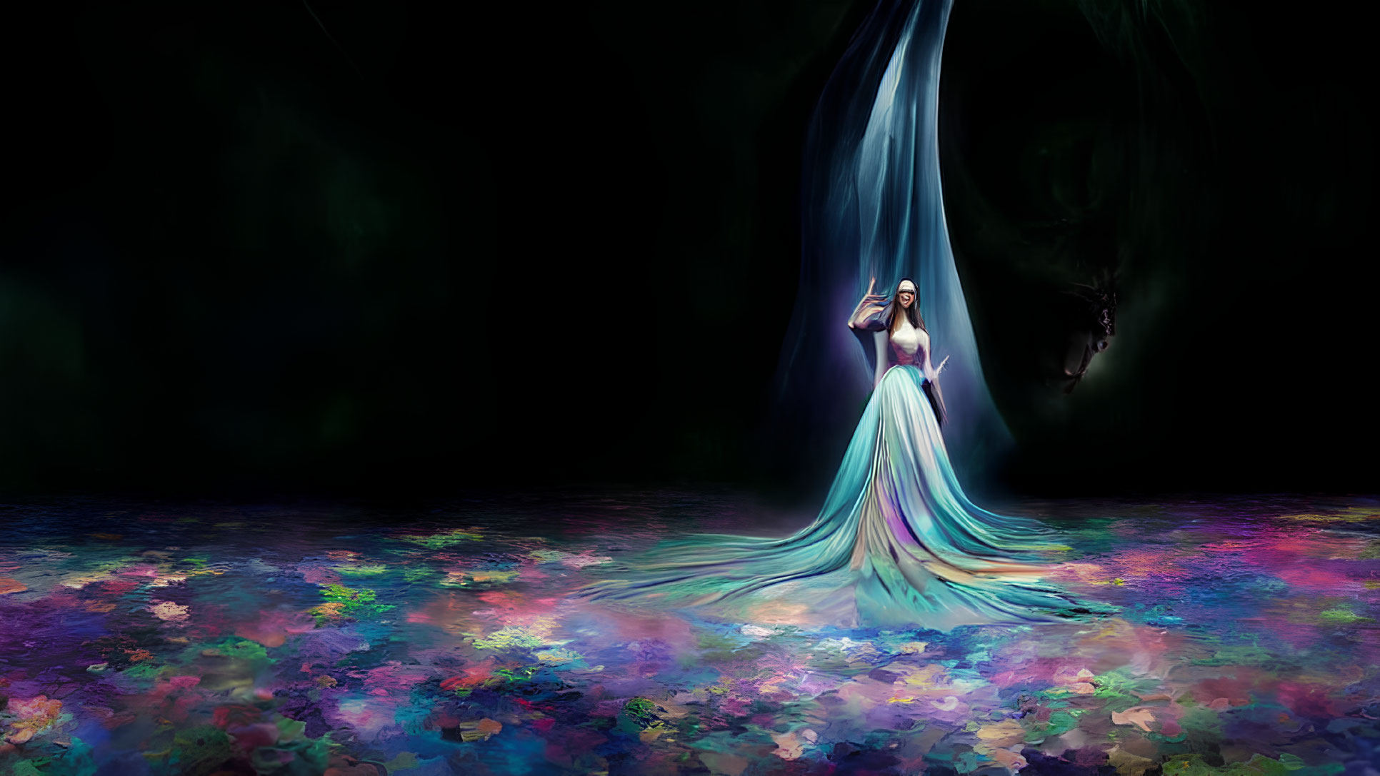 Woman in Flowing Gown Stands Under Cascading Light with Floral Patterns