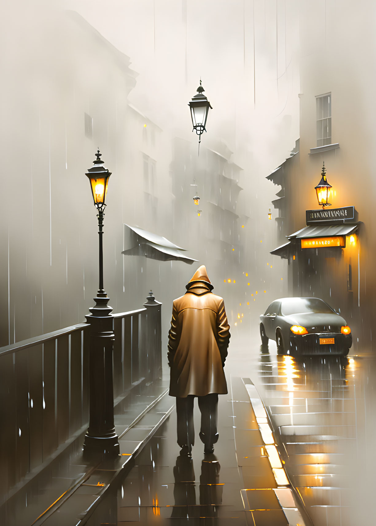 Person in trench coat with umbrella on wet city street at night