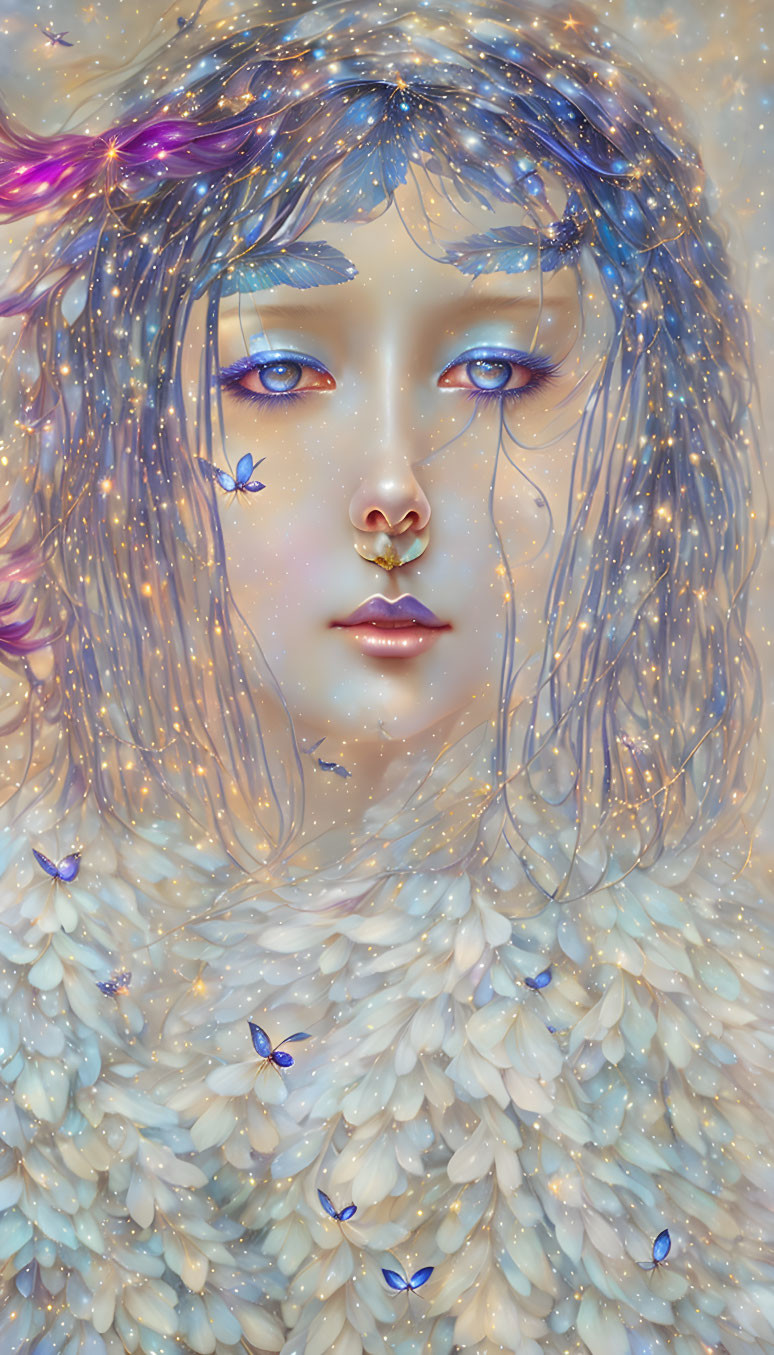 Fantasy illustration of person with blue eyes and celestial makeup surrounded by butterflies on cosmic background