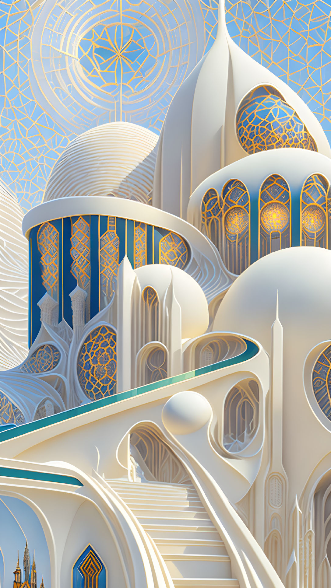 Futuristic architectural illustration with Islamic patterns, domes, arches, and latticework