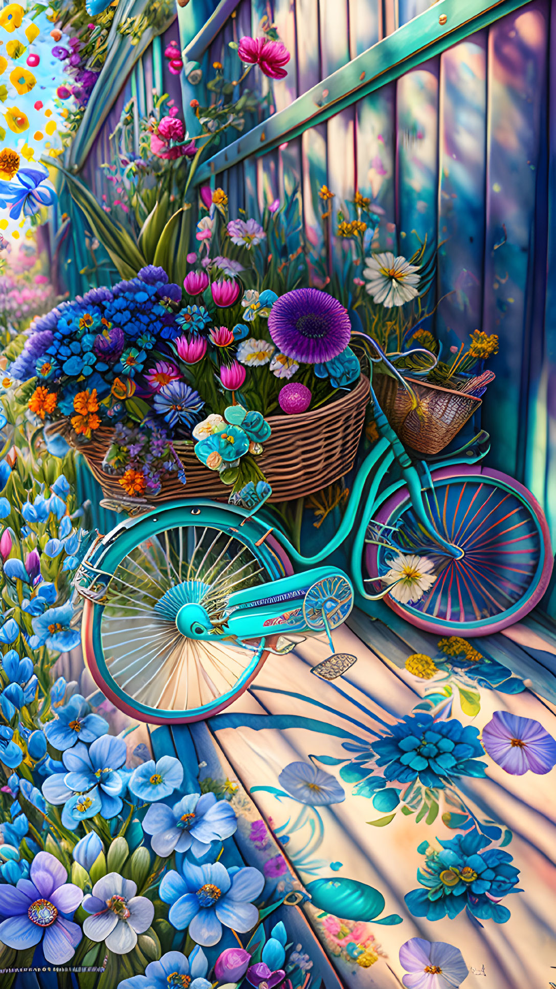 Colorful Illustration: Blue Bicycle with Basket and Flowers in Whimsical Greenhouse