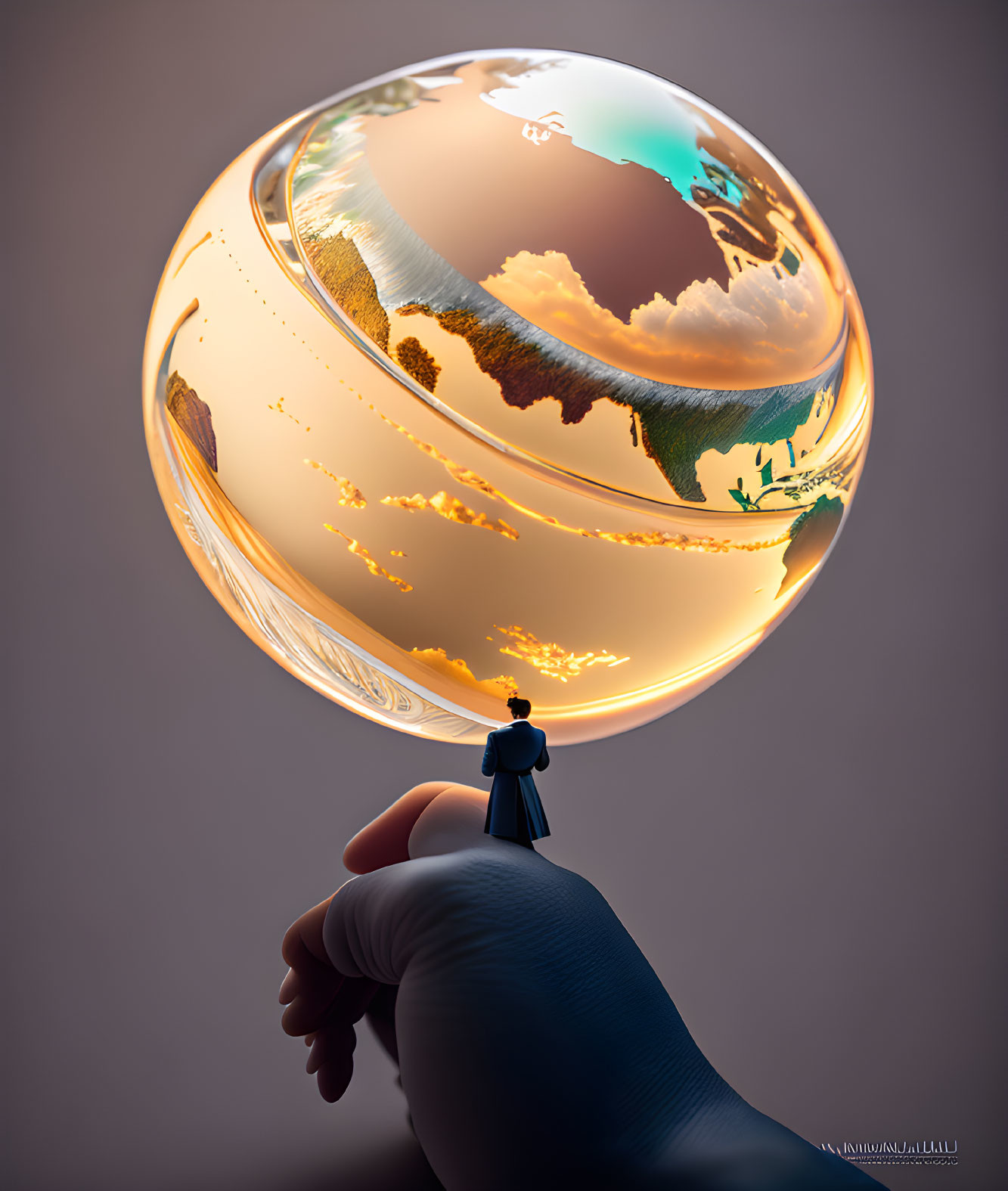 Hand holding reflective globe with Earth's continents and tiny figure.