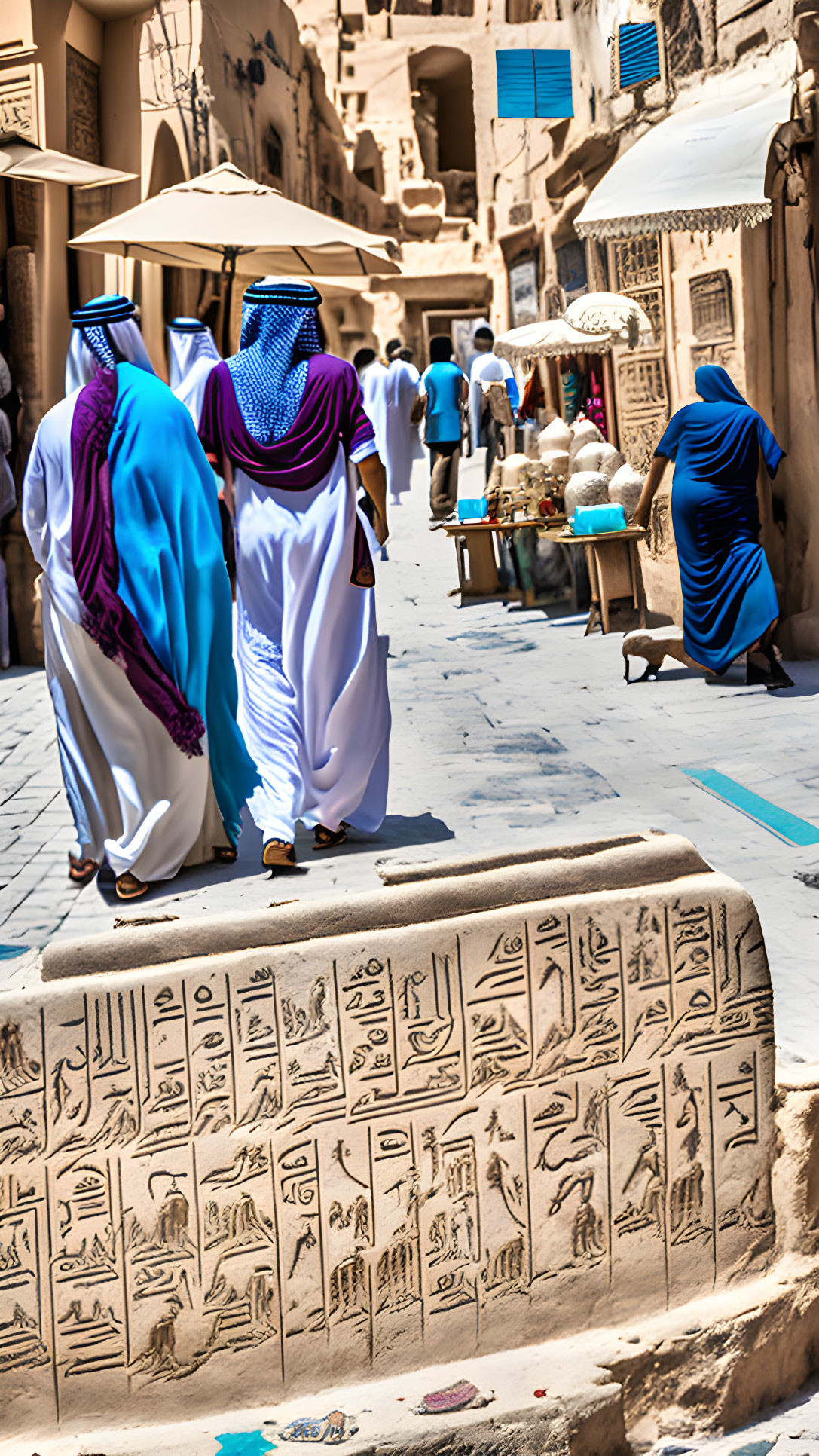 Traditional attire in Middle Eastern market street with hieroglyphics-engraved stone.