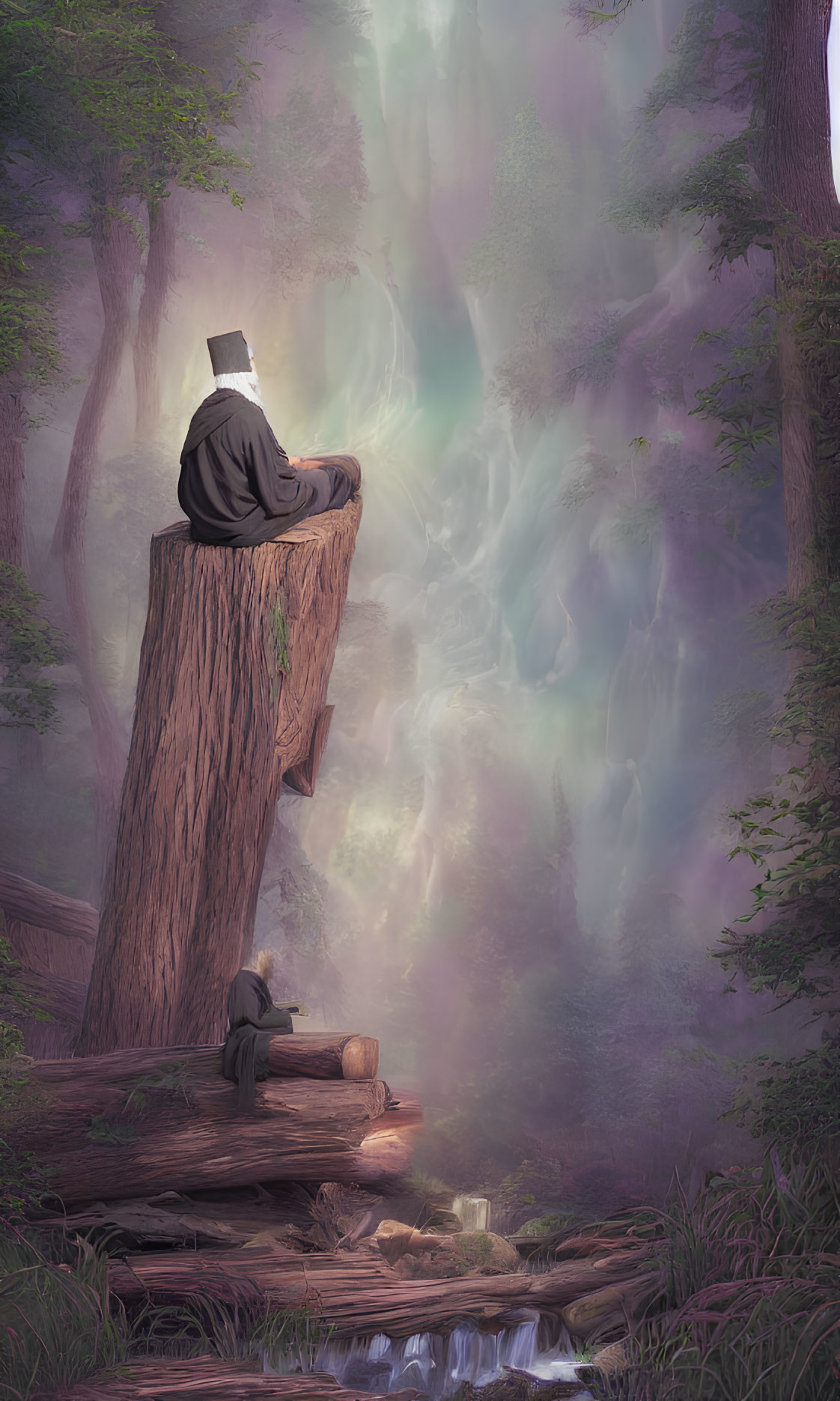 Person with TV head sitting on tree stump in misty forest