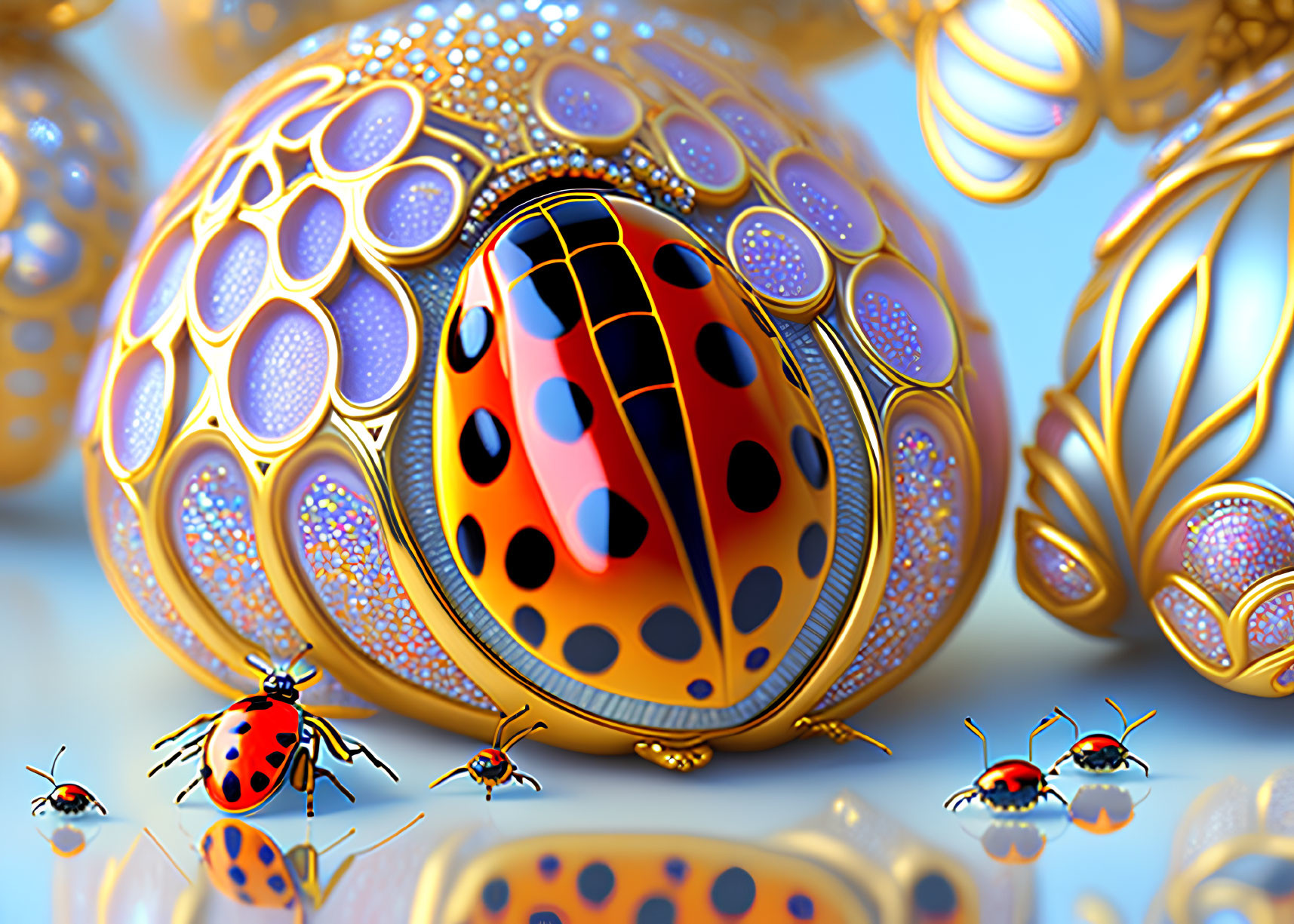 Digital Artwork: Ladybugs with Golden Filigree and Jewels on Blue Surface