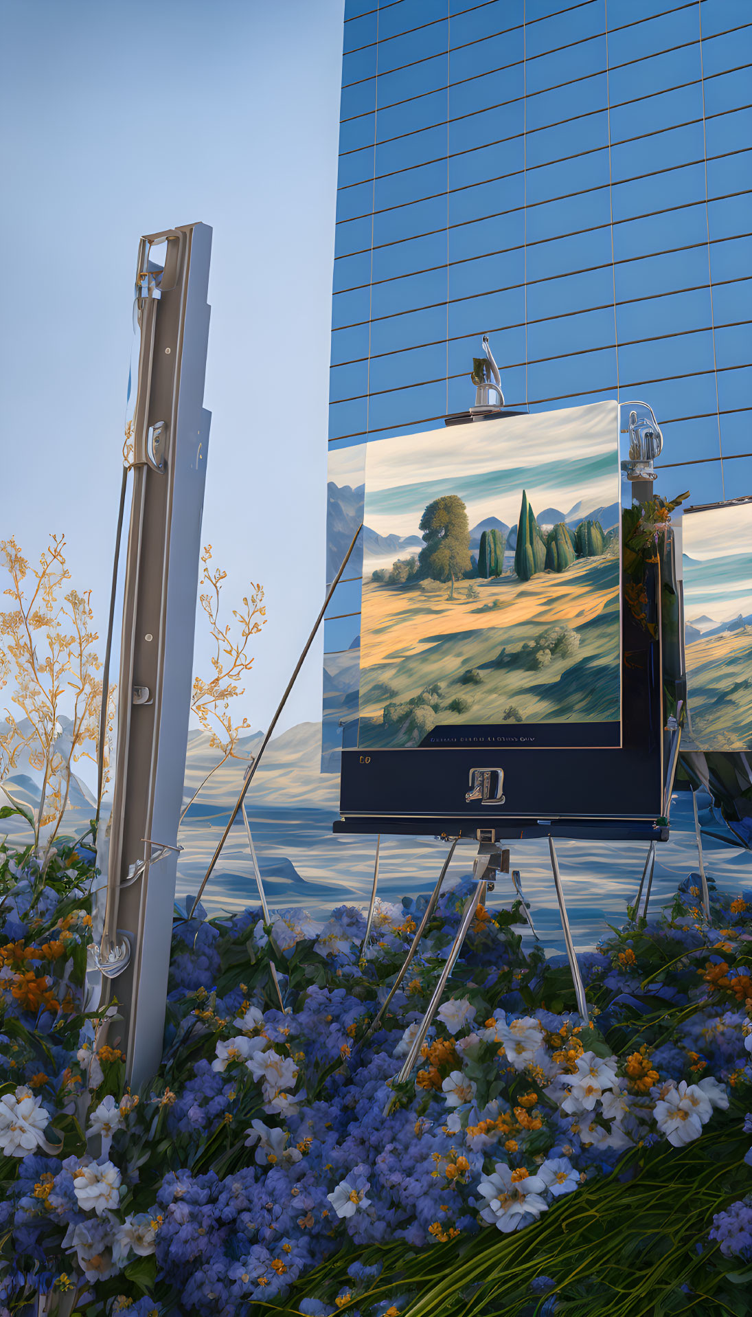 Countryside landscape with flowers and modern building contrast