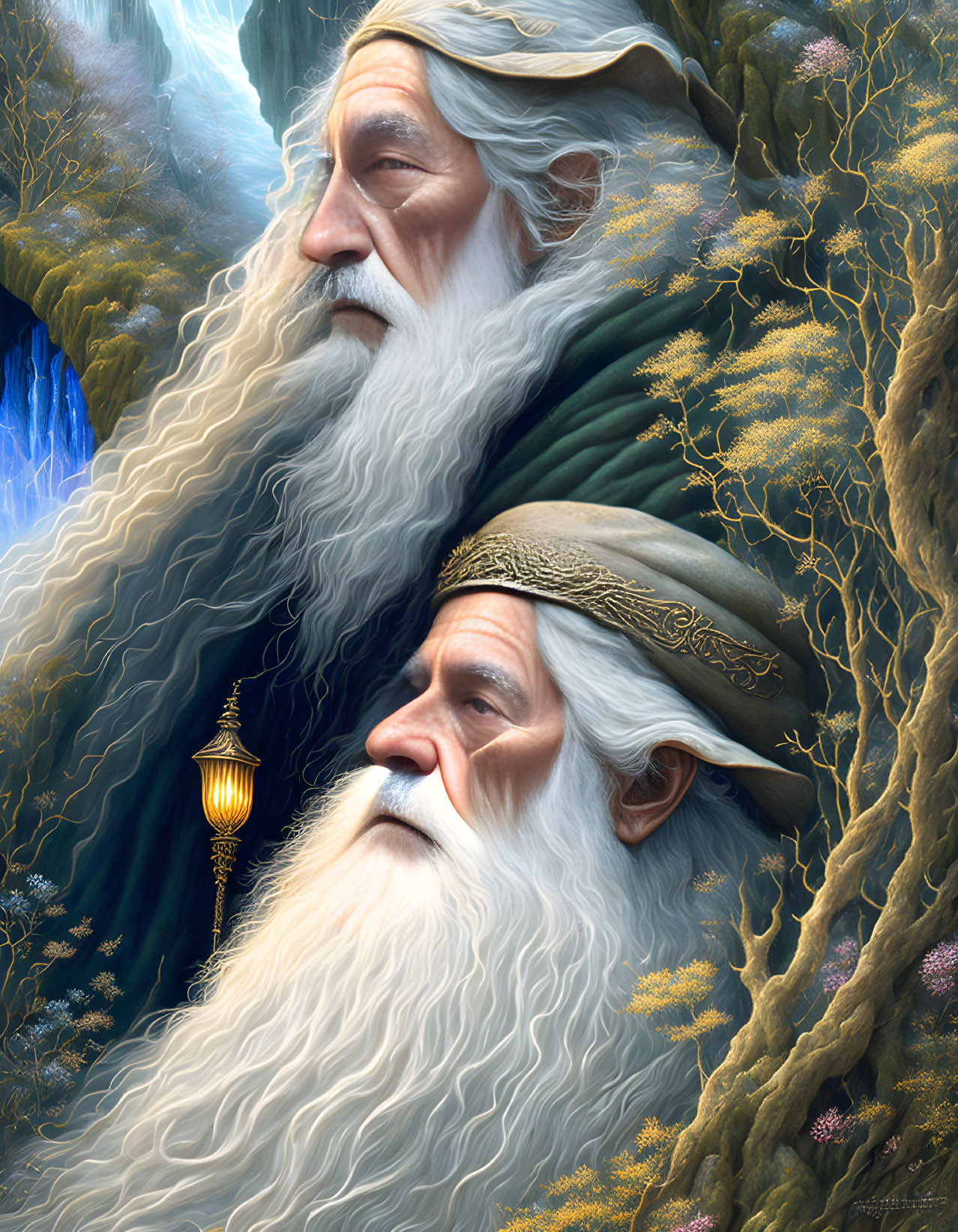 Elderly wizards in green robes and hats in mystical forest.