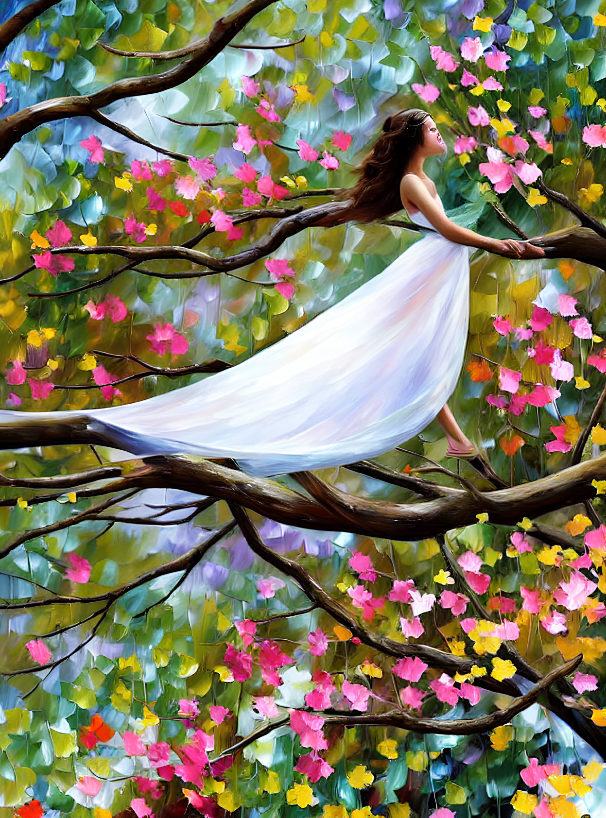 Woman in flowing white dress on tree branch with green leaves and pink flowers