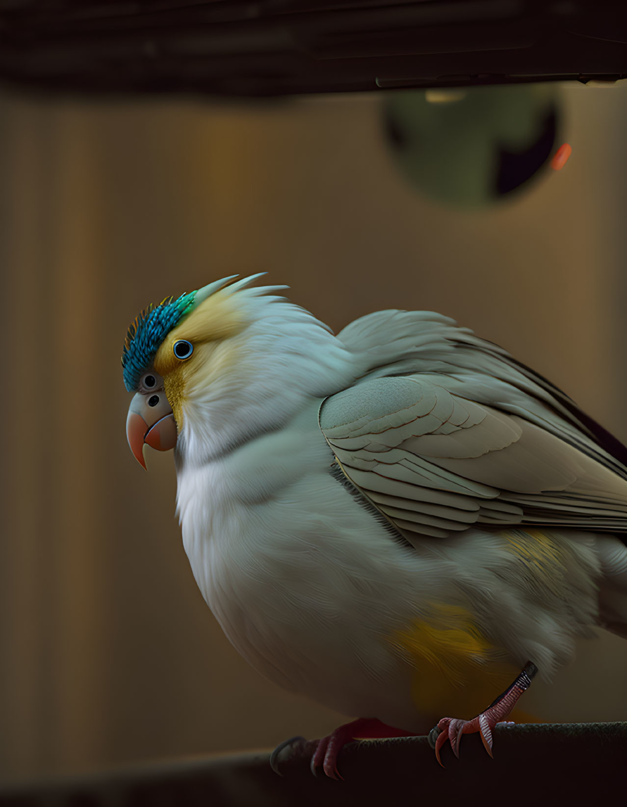 Grey Cockatiel with Yellow Crest and Orange Cheek Patches Perched Indoors