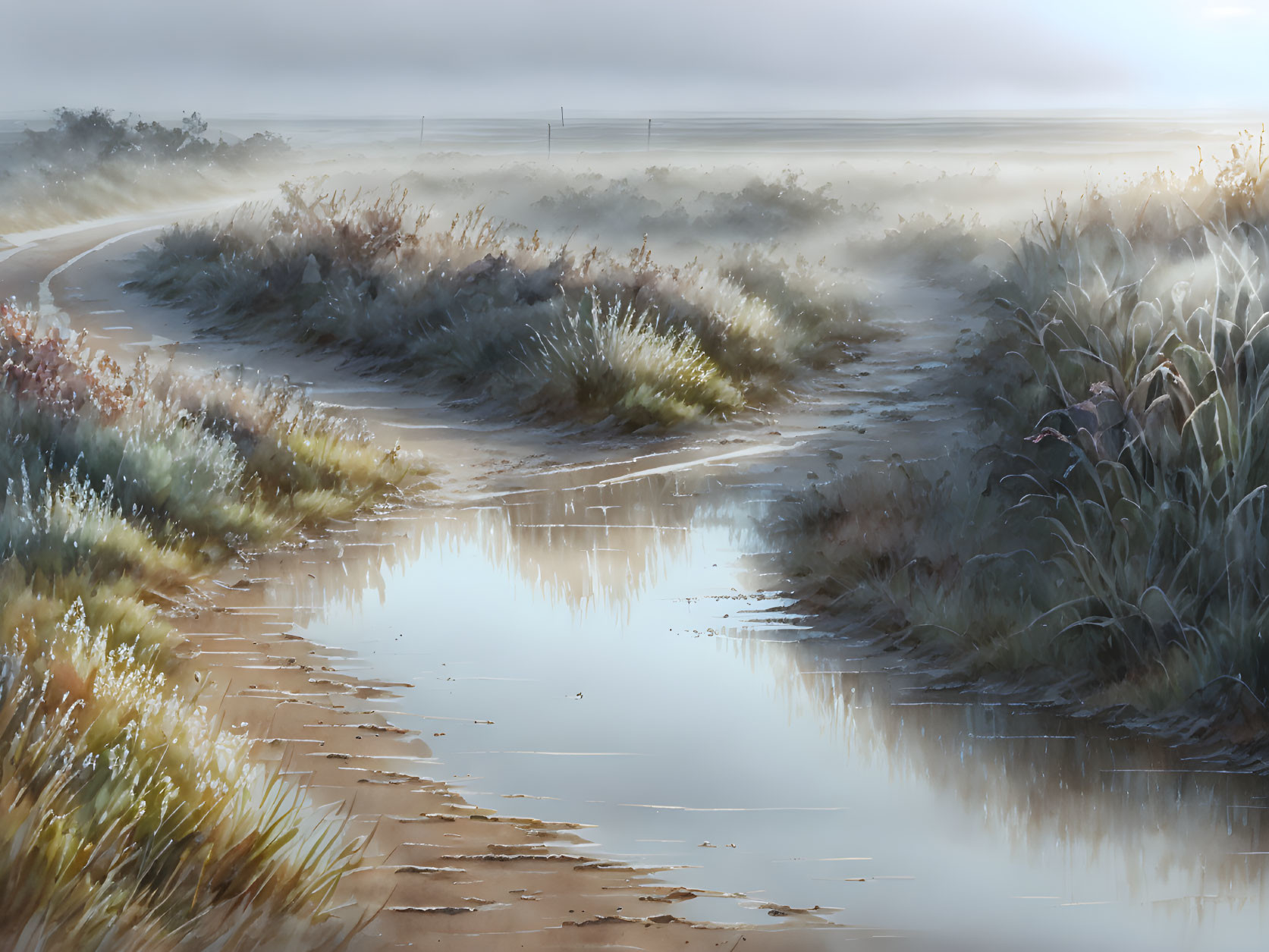 Misty Path Through Lush Vegetation in Soft Light