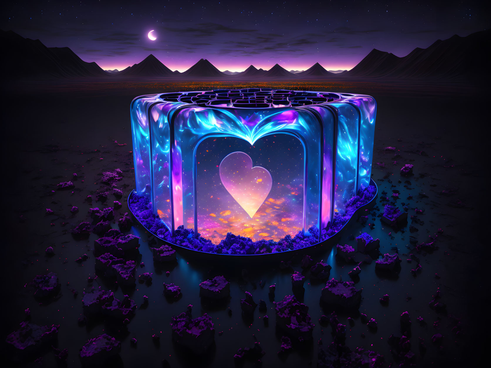 Neon heart symbol on glowing cube in desert night scene