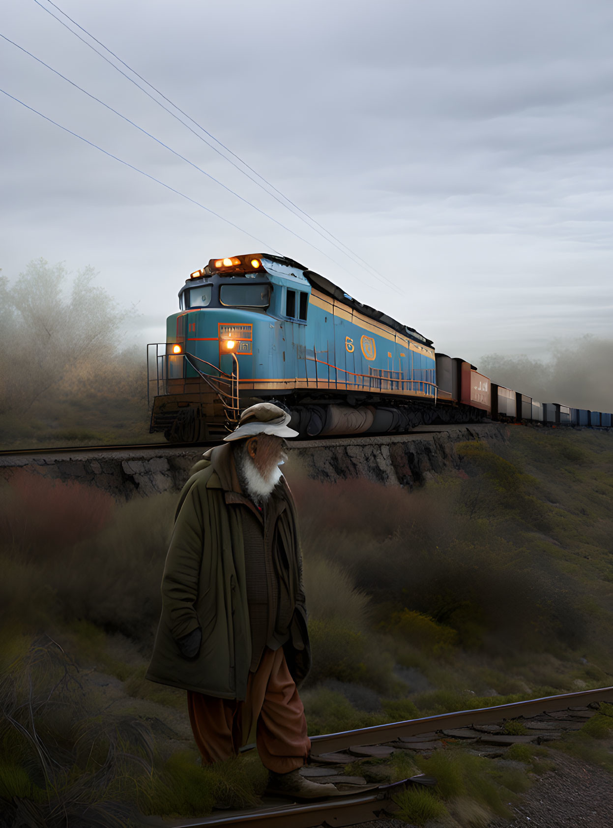 Elderly person by railroad tracks as freight train passes at twilight