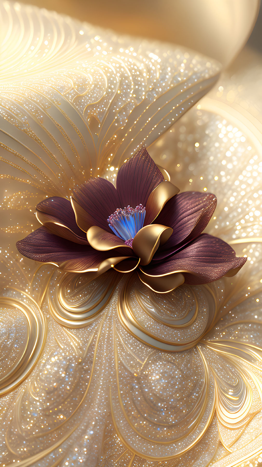 Intricate golden flower with detailed petals on textured background