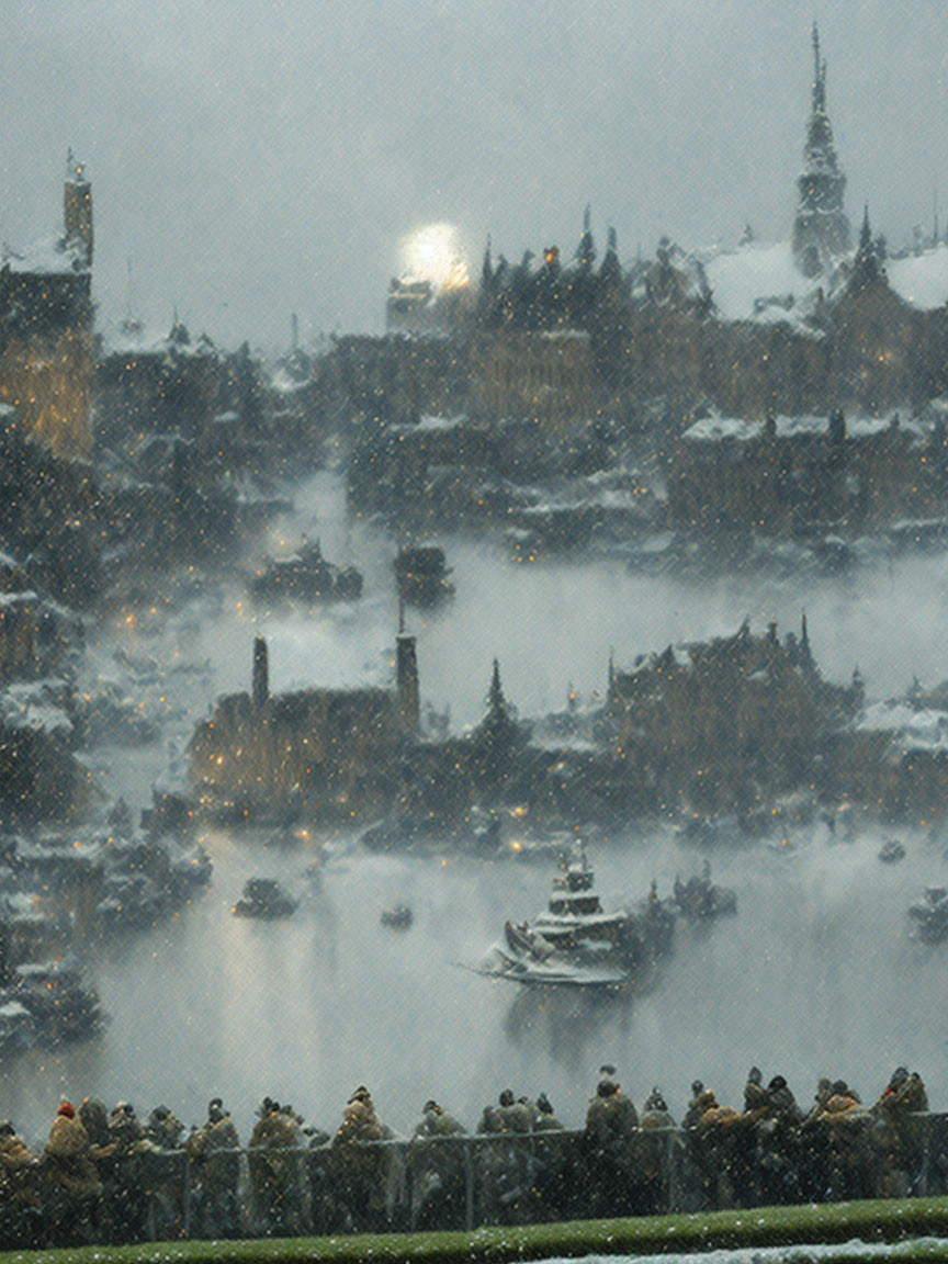 Snowy River Scene with Boats, Crowd, and Historical Buildings