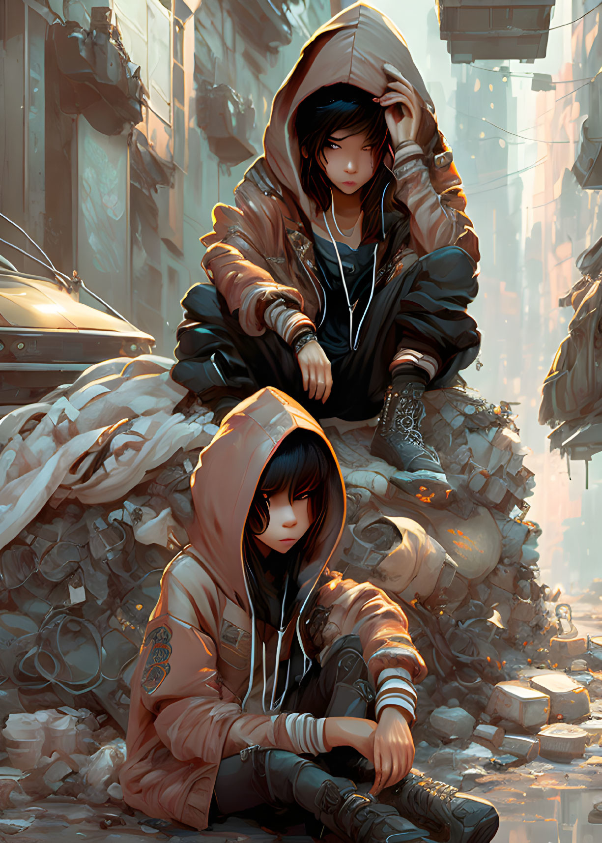 Urban scene with two individuals in hooded jackets and futuristic cityscape.