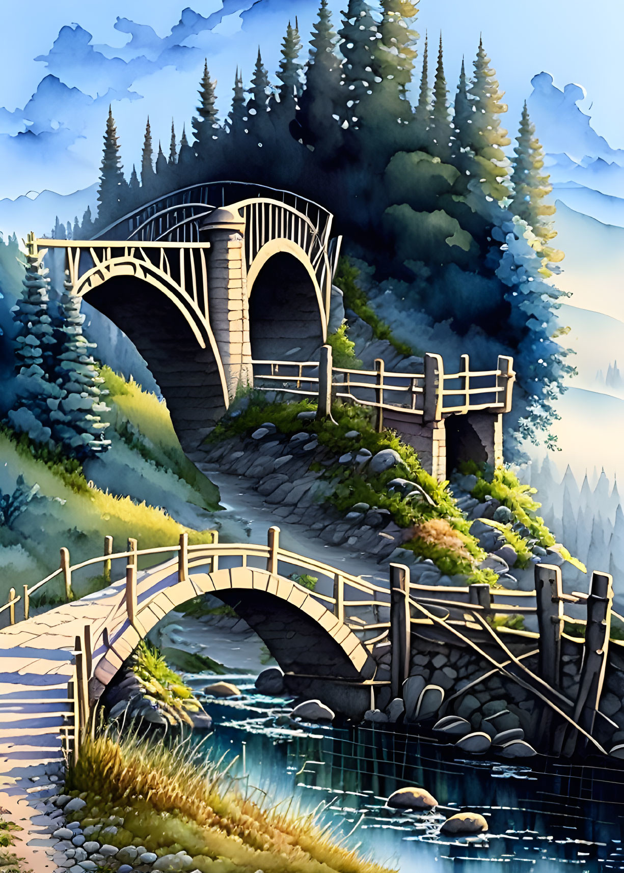 Tranquil dual bridge path over river in serene landscape