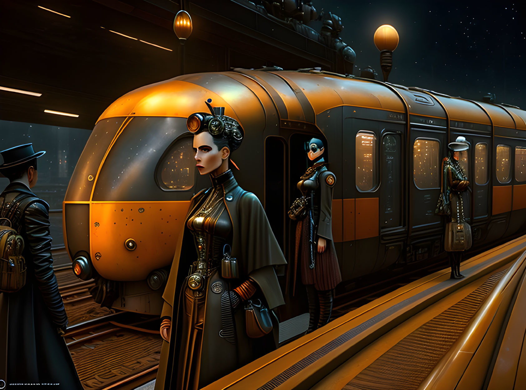 Steampunk-style futuristic train station with vintage attire individuals and mechanical gadgets under starry sky