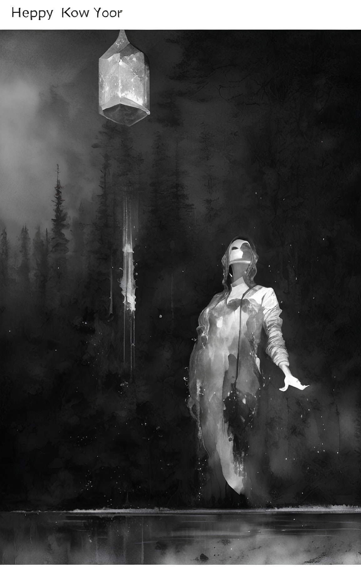 Monochrome futuristic helmet person reaching for glowing lantern in misty forest