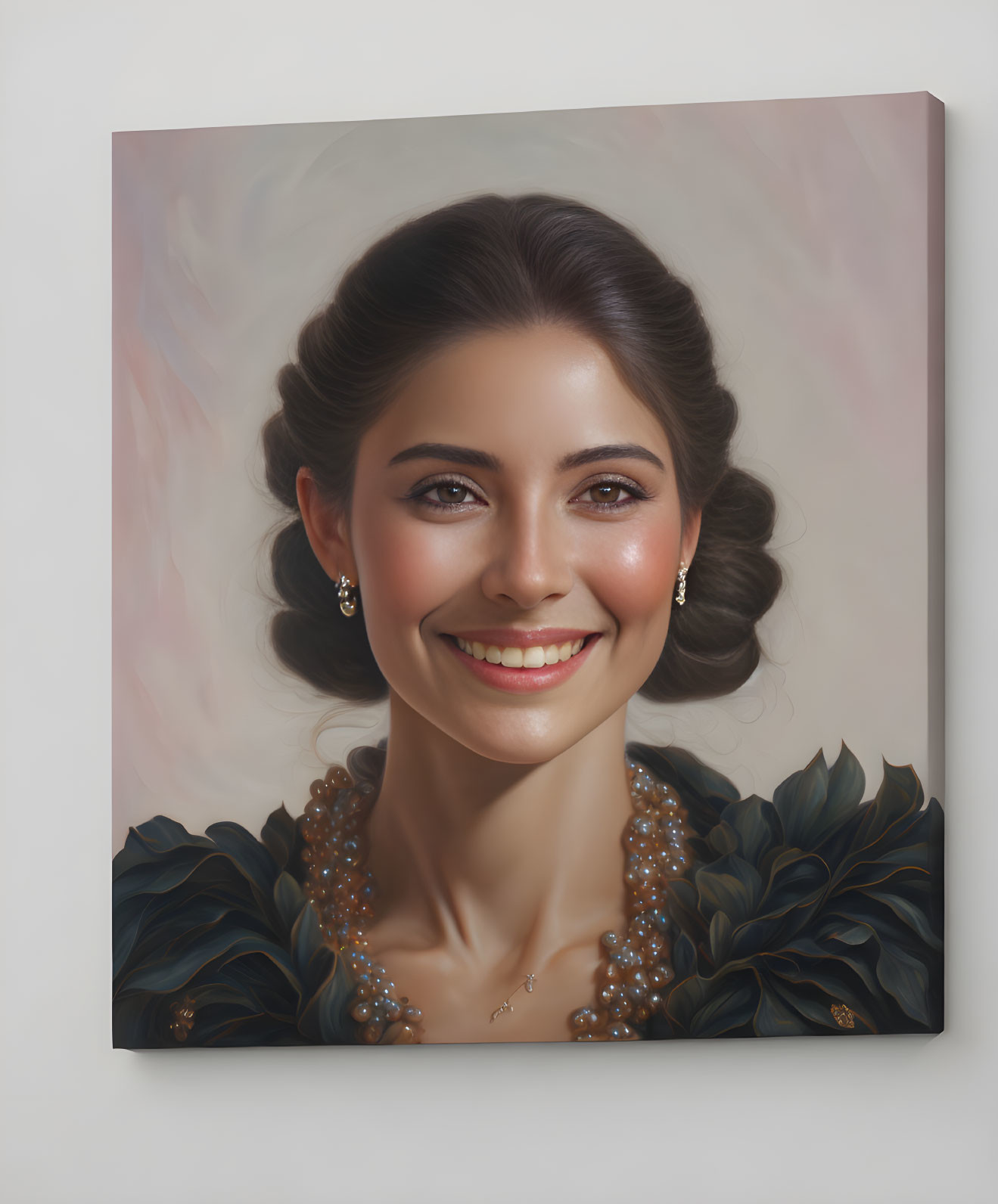 Smiling woman portrait with elegant hairstyle and pearl jewelry