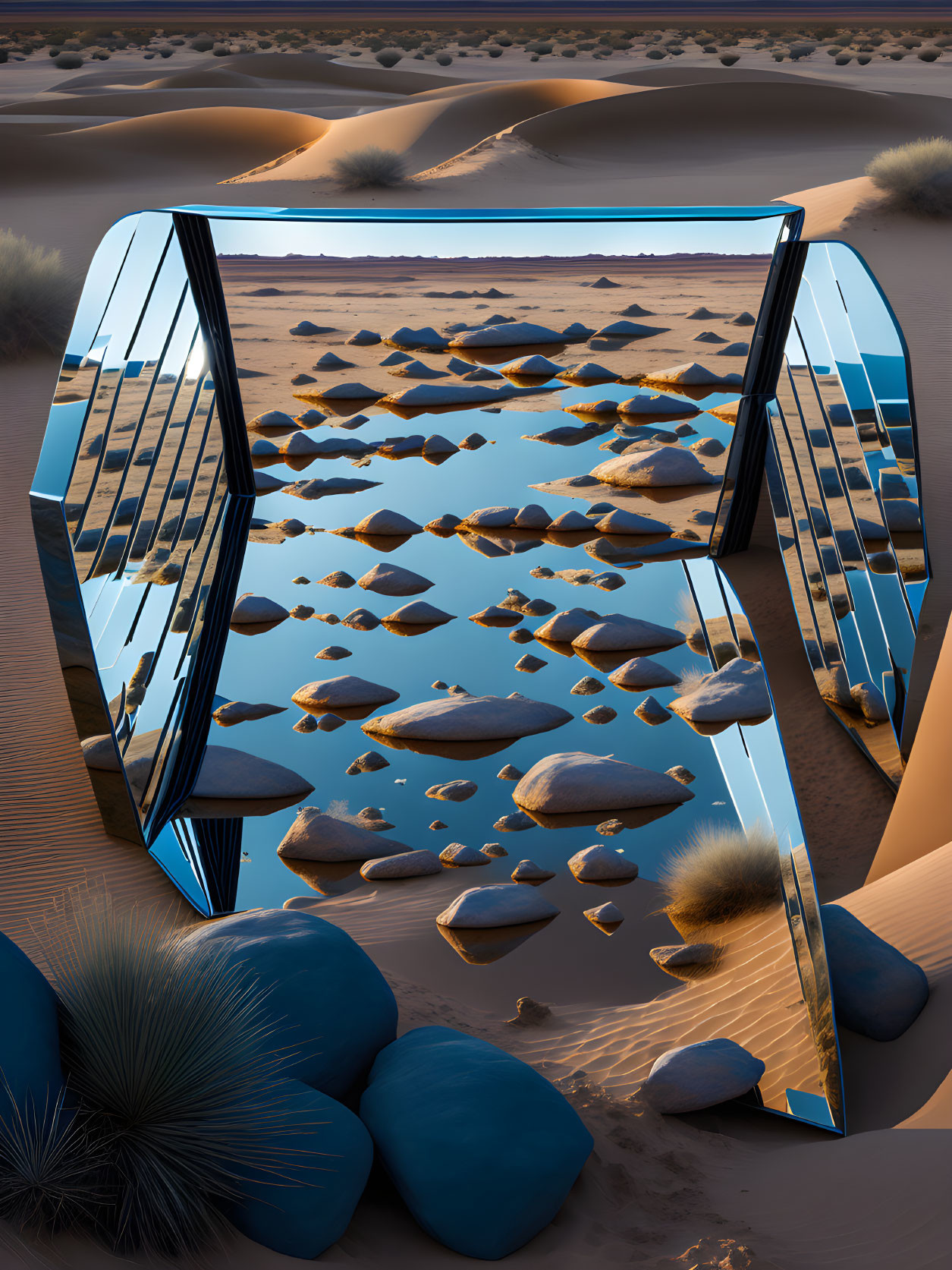 Curved reflective surface in desert landscape with rocks and grass