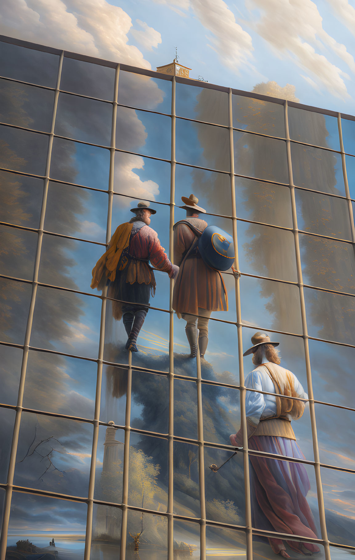 Reflection of three individuals in historical attire on glass facade of modern building under cloudy sky.