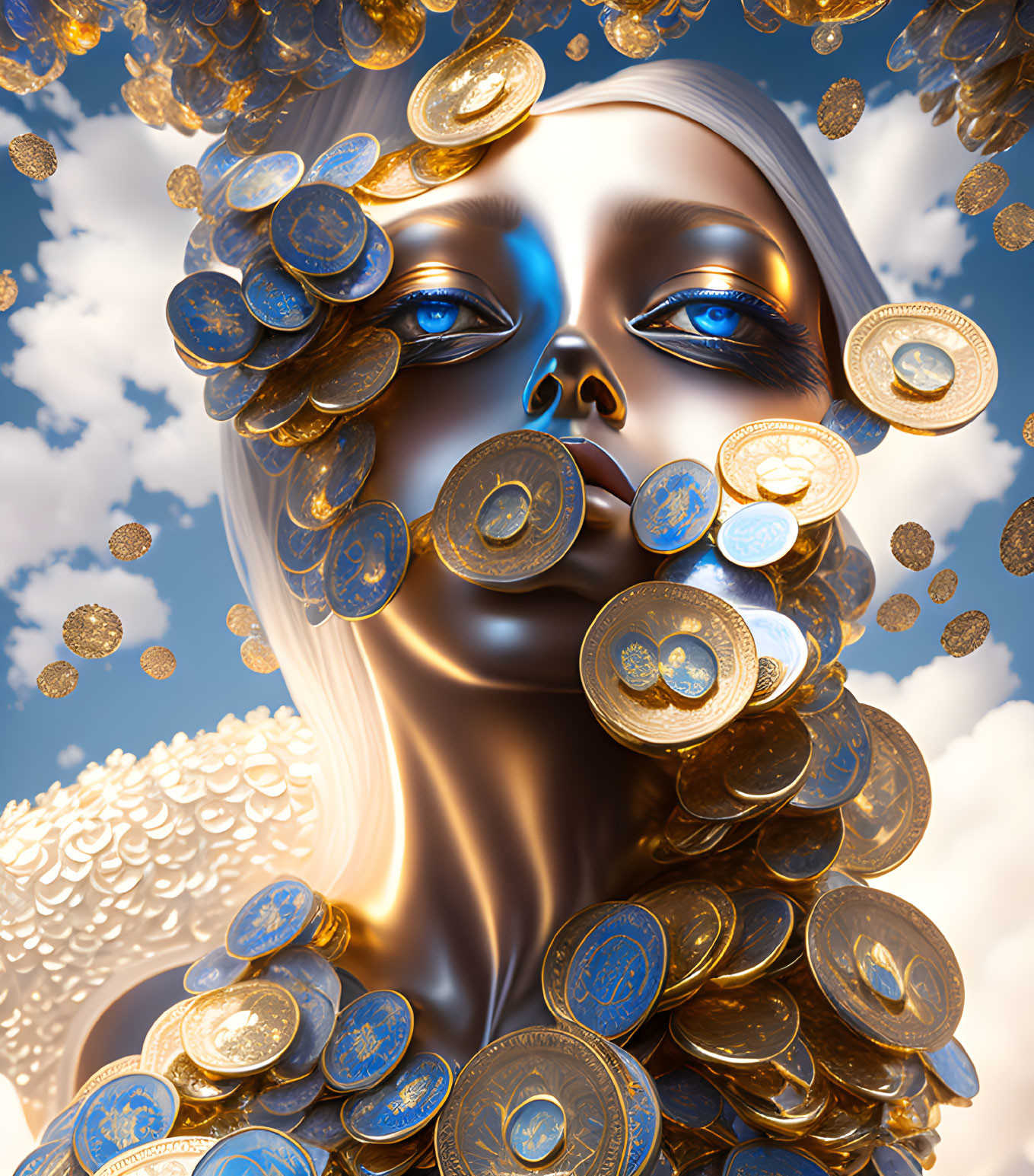 Surreal portrait featuring figure with golden coins and blue accents