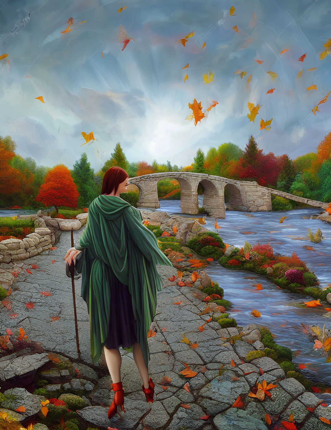 Woman in Green Cloak with Staff by River and Stone Bridge in Autumn