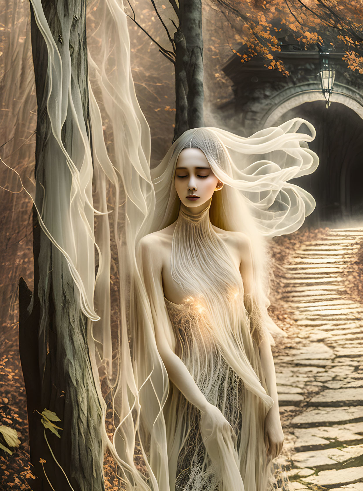 Pale-skinned figure with white hair in forest setting with glowing light and autumn leaves