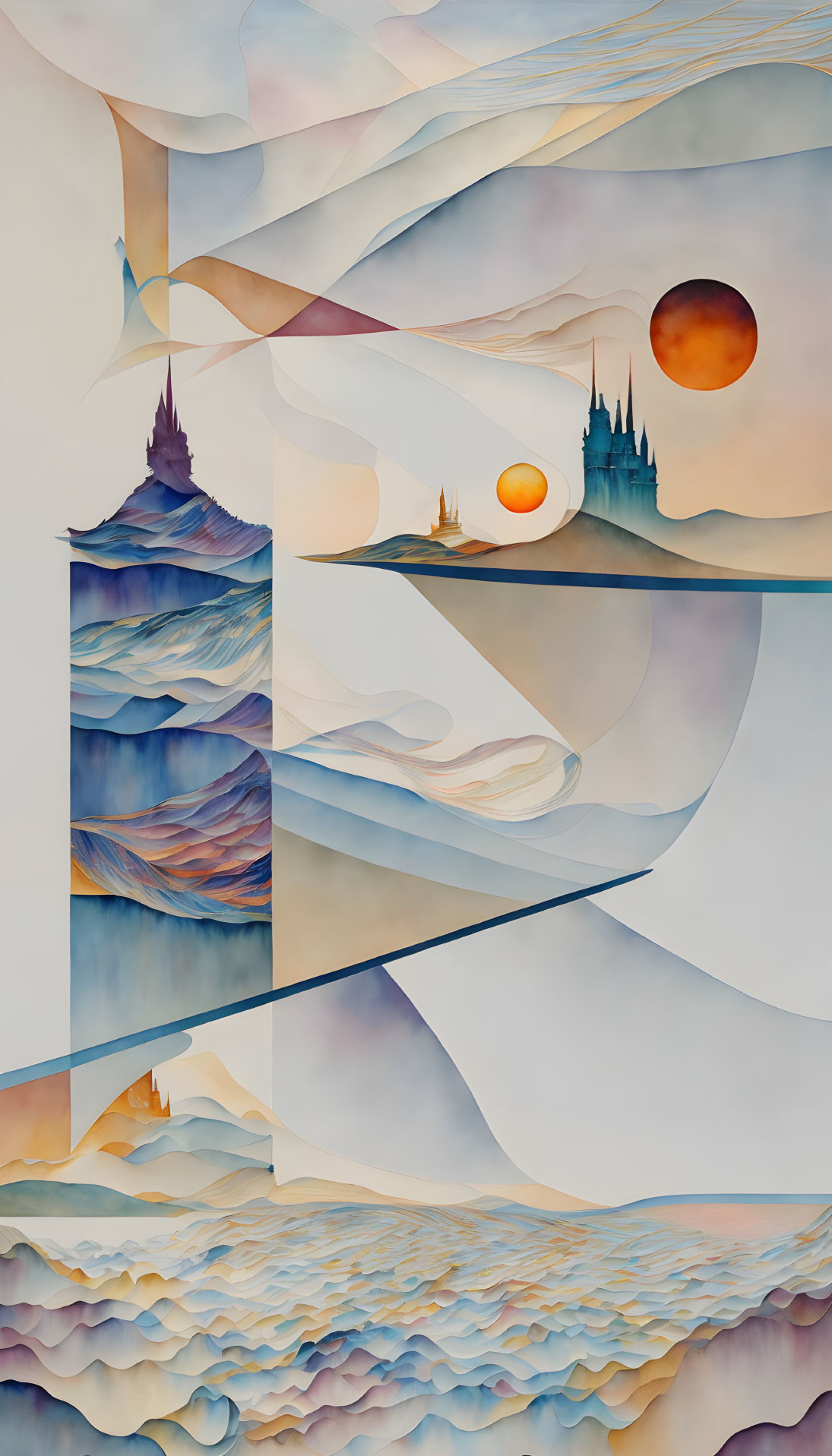 Abstract digital artwork: Fluid shapes, layered landscapes, spires, and orbs in soft blues, oranges