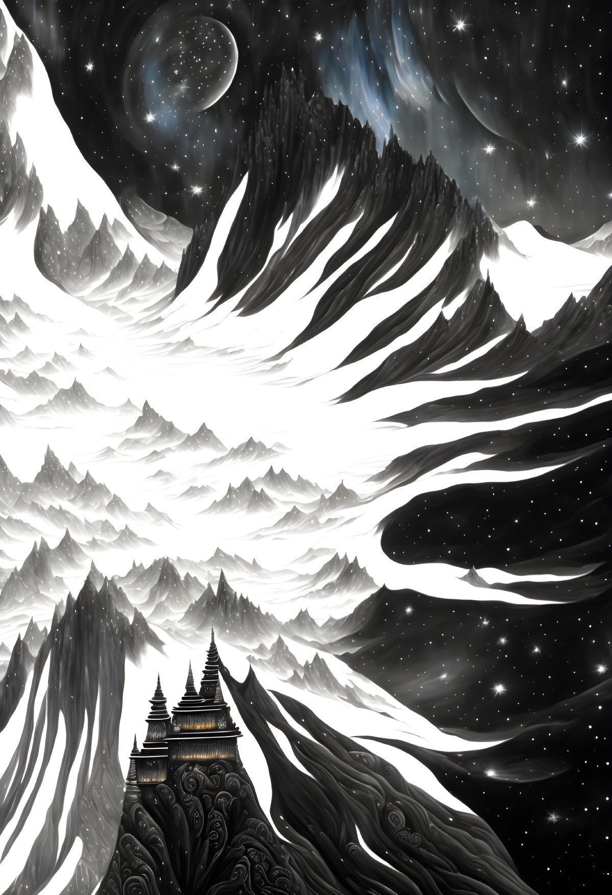 Monochrome fantasy landscape with starry sky, mountains, temple, mist, cosmic backdrop