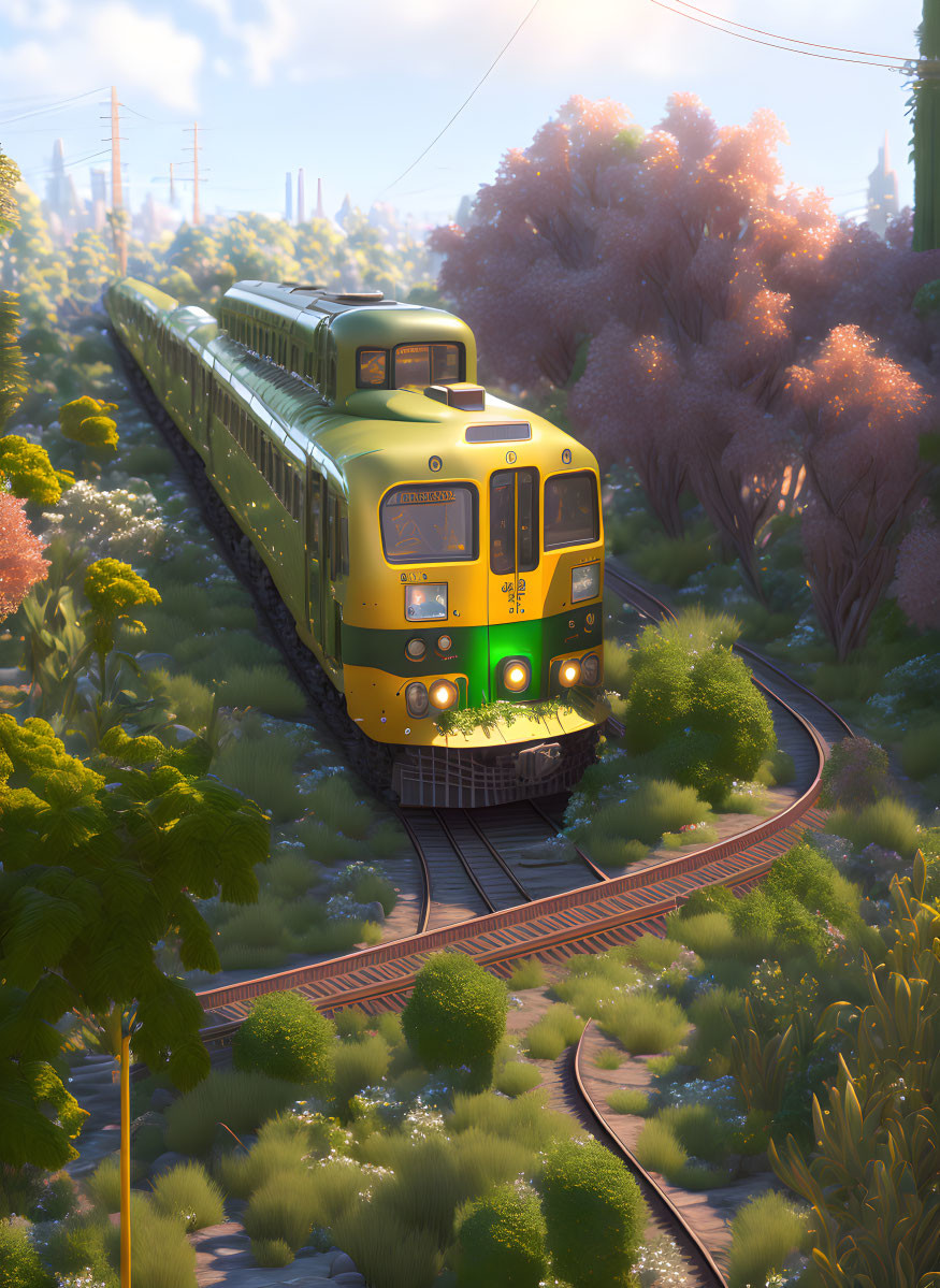 Vintage yellow-green train in lush landscape with pink-flowered trees