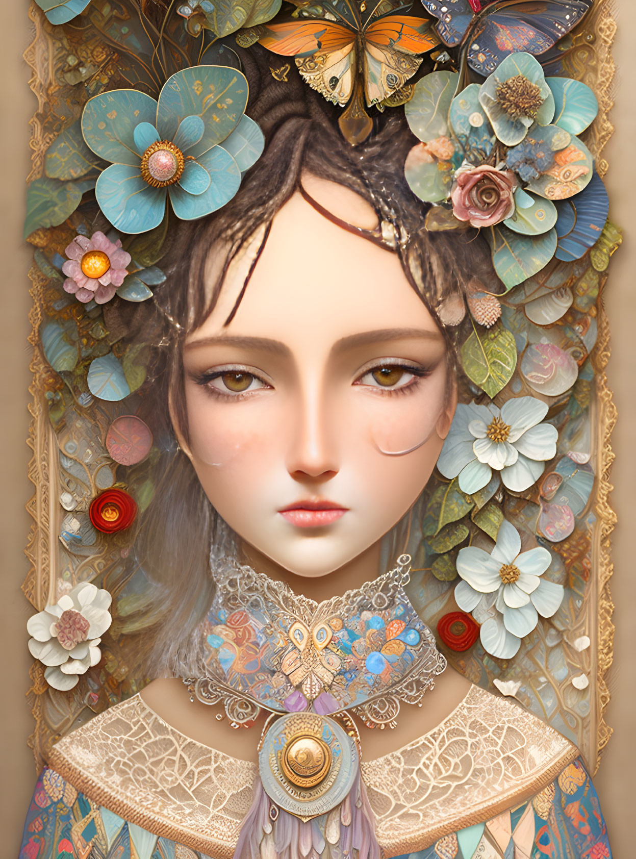 Digital Artwork: Female Figure with Expressive Eyes Surrounded by Flowers and Butterflies