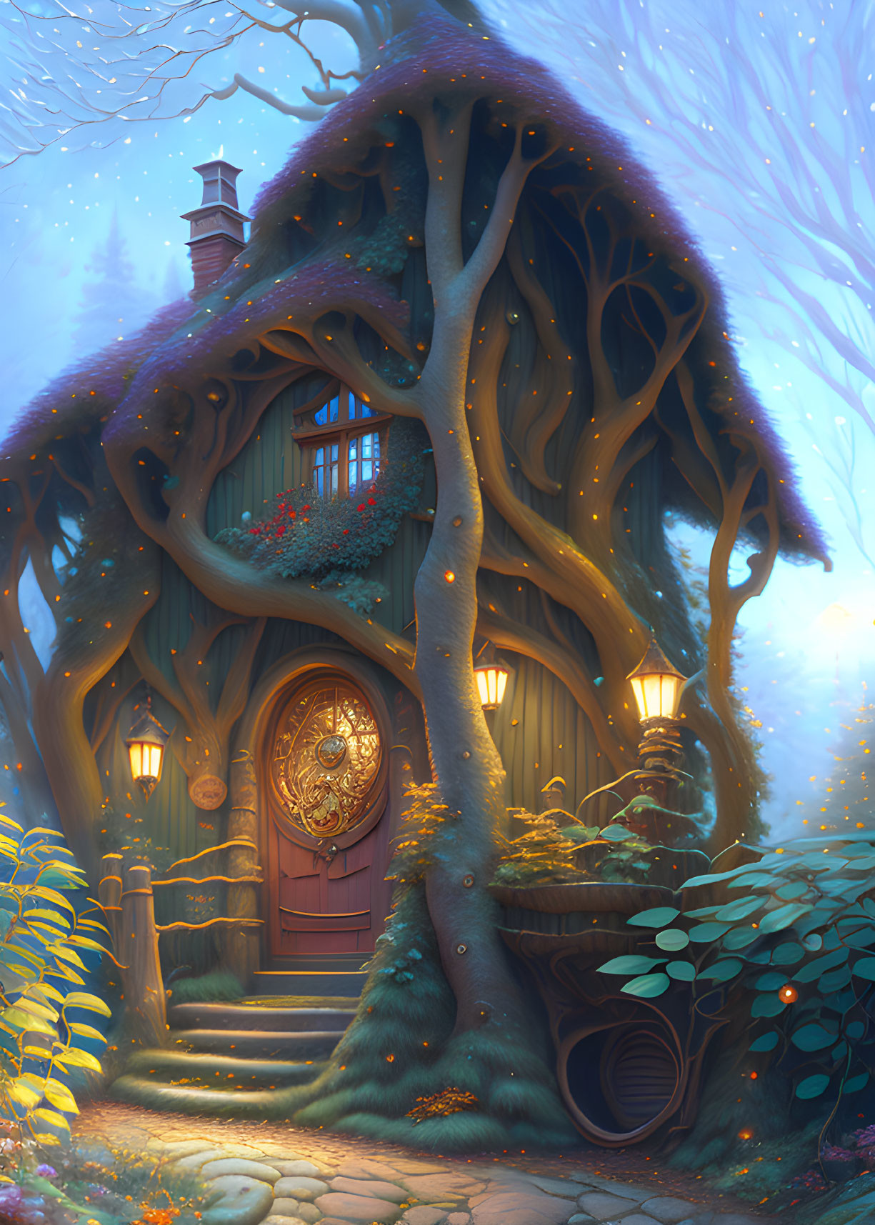 Illustration of cozy treehouse in mystical blue hues