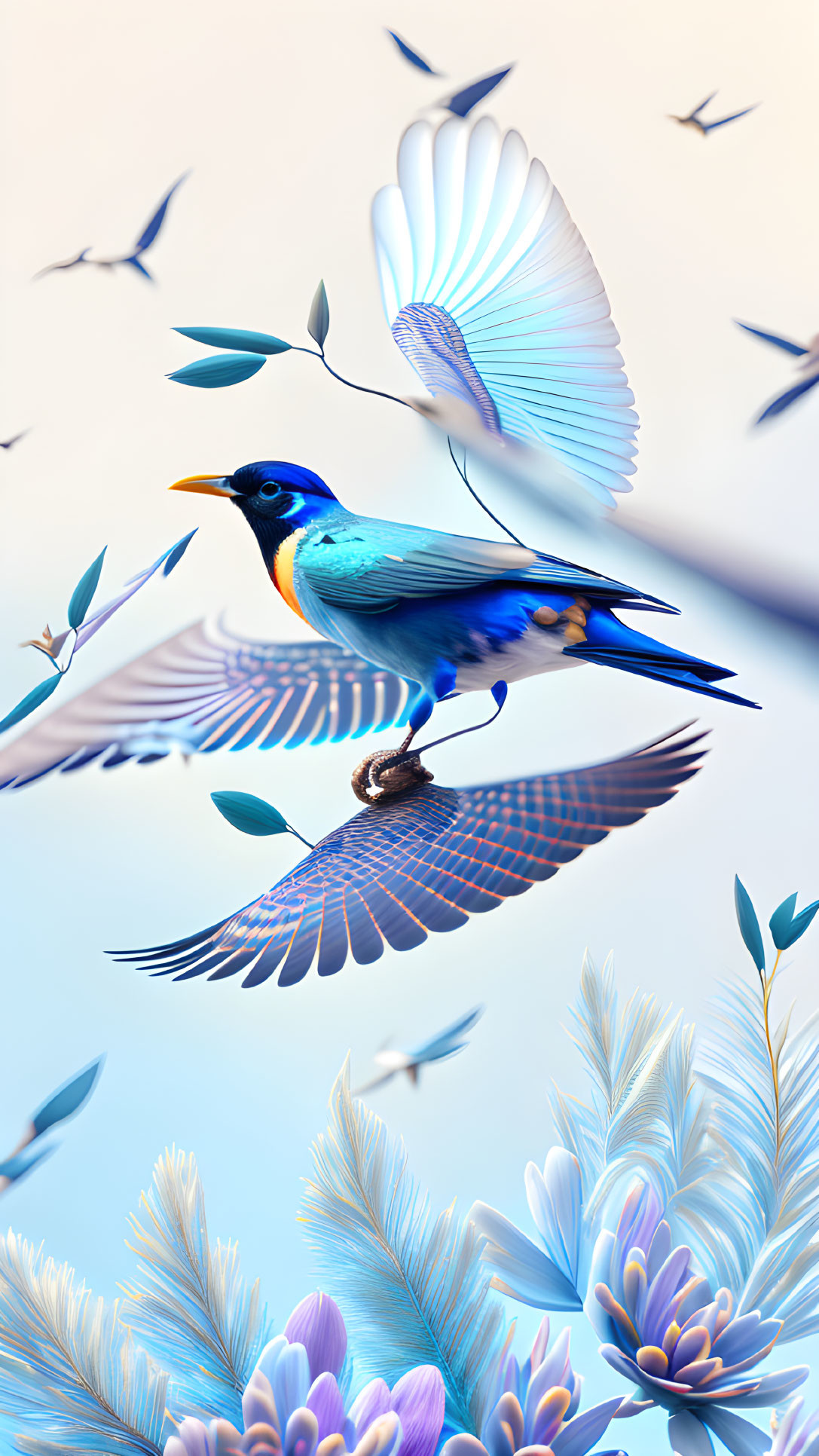 Colorful bird illustration in flight with outstretched wings amid blue foliage.