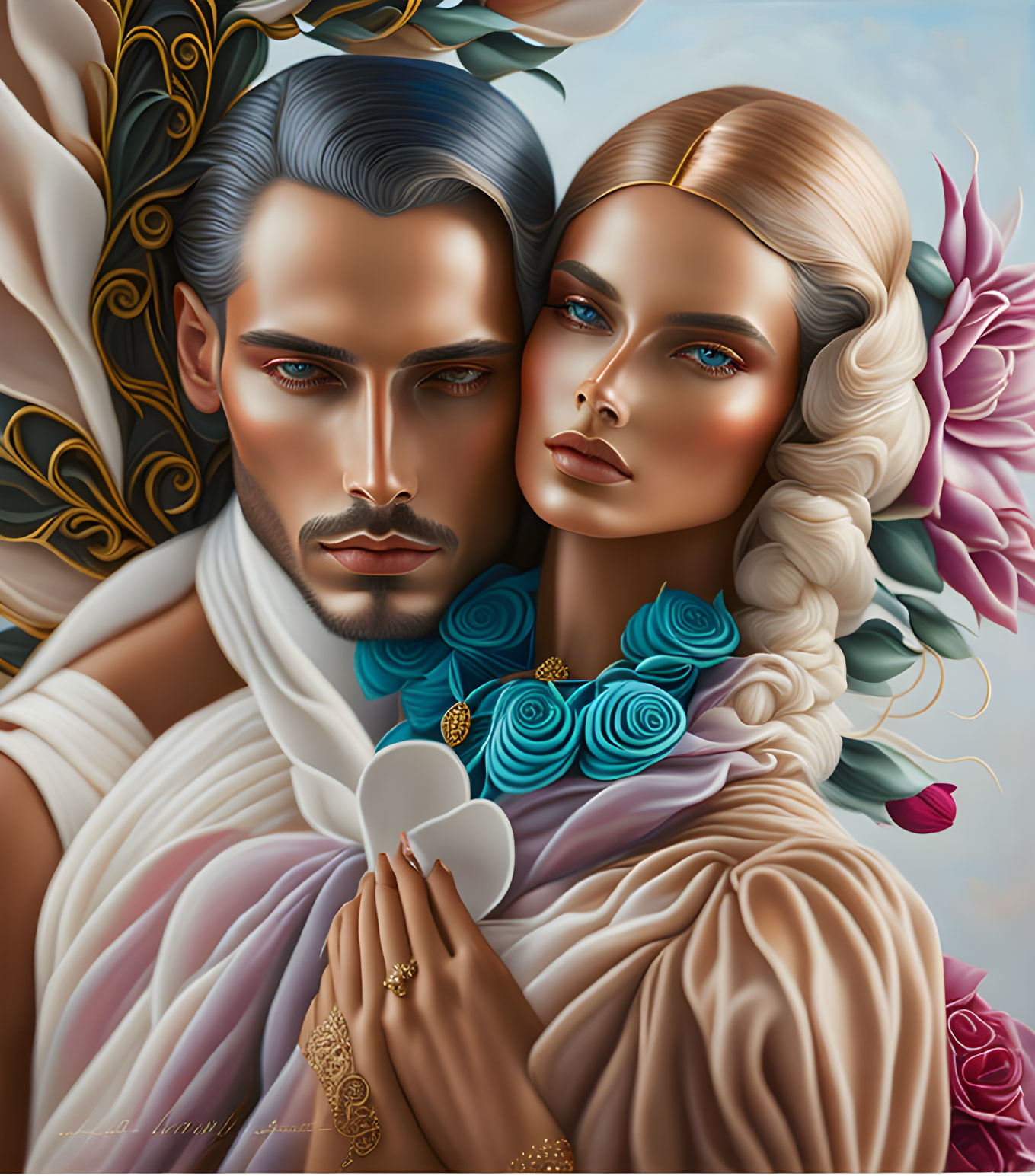 Stylized couple with adorned hair in ornate floral motif