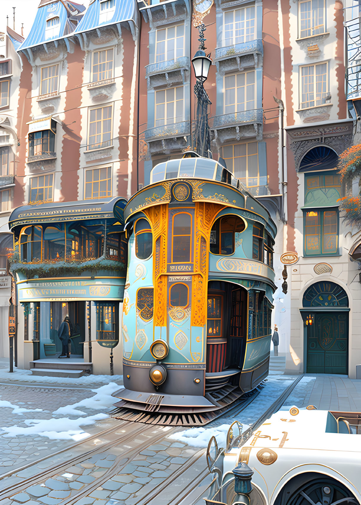 Blue and Gold Tram on Snowy Tracks Beside Pastel Buildings