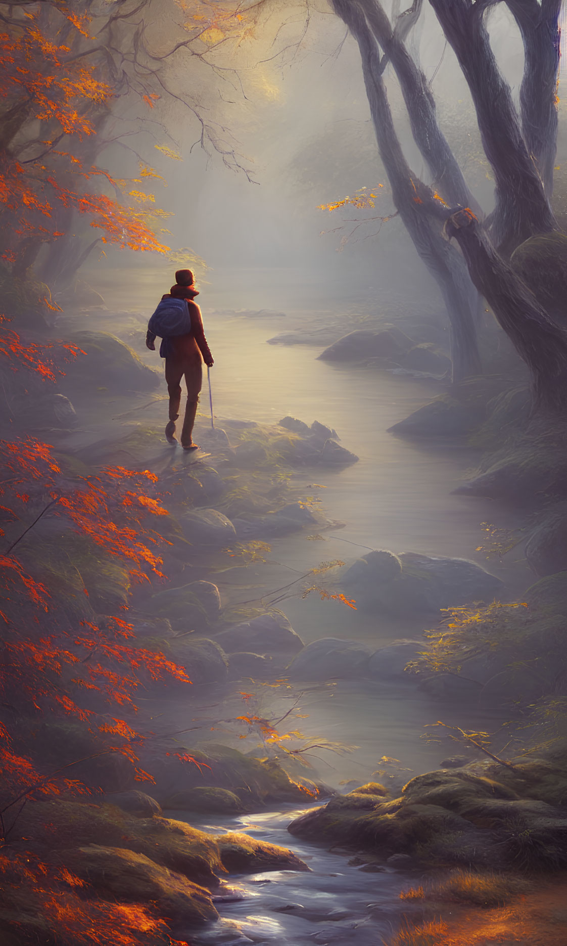 Autumnal forest scene with hiker by misty stream