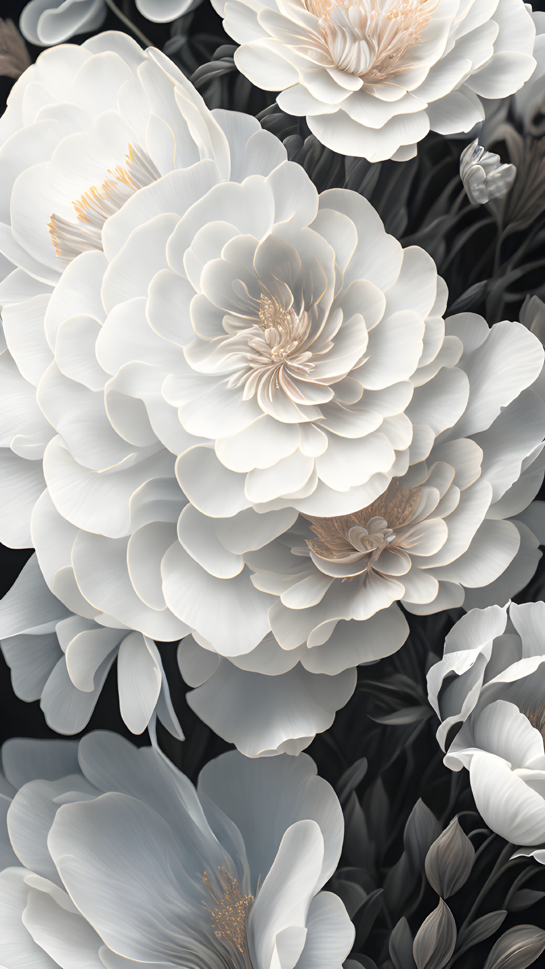 Close-up Digital Art: Layered White and Peach Flowers on Dark Background