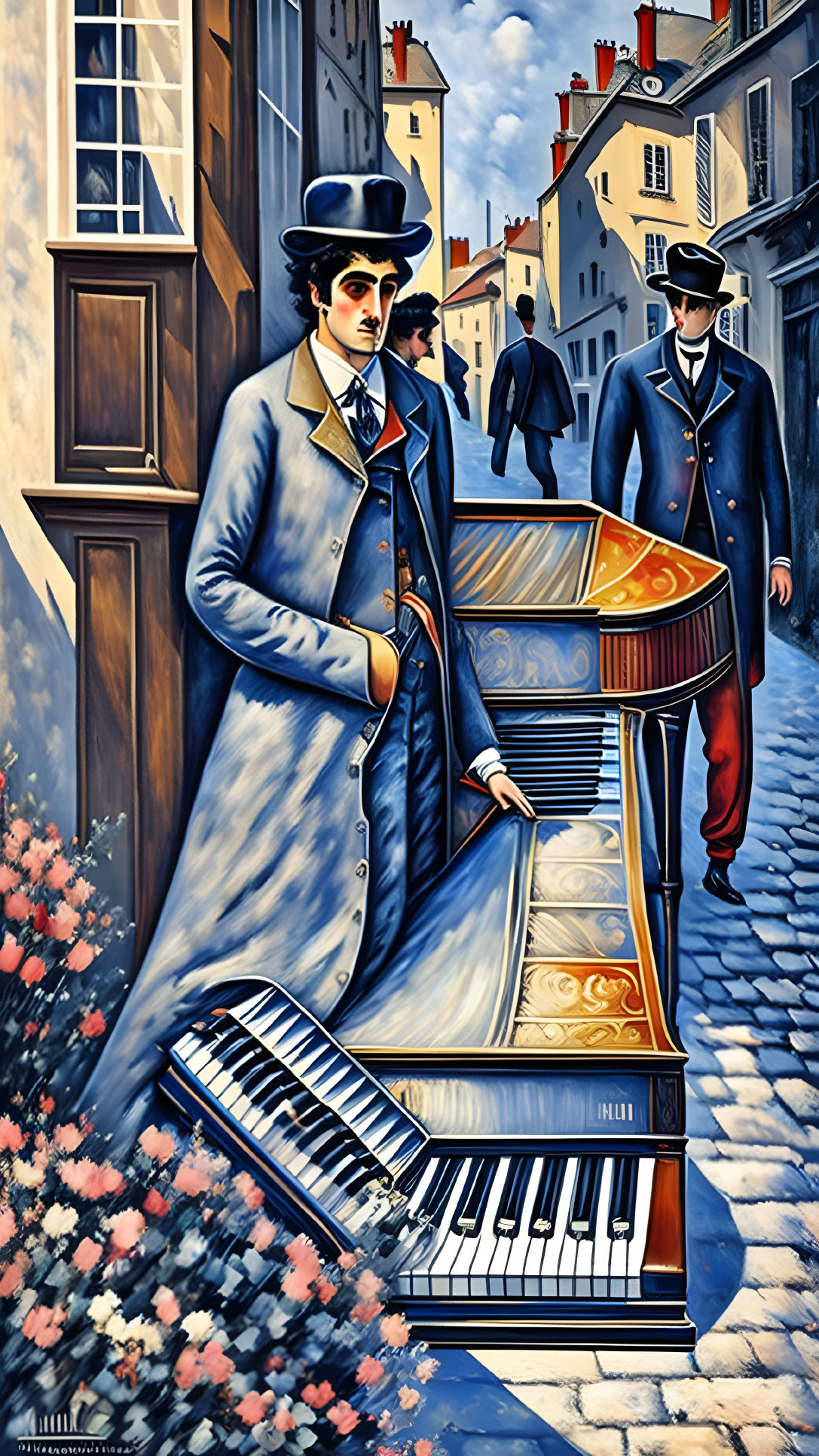 Illustration of man in top hat playing piano on cobbled street with vibrant surroundings