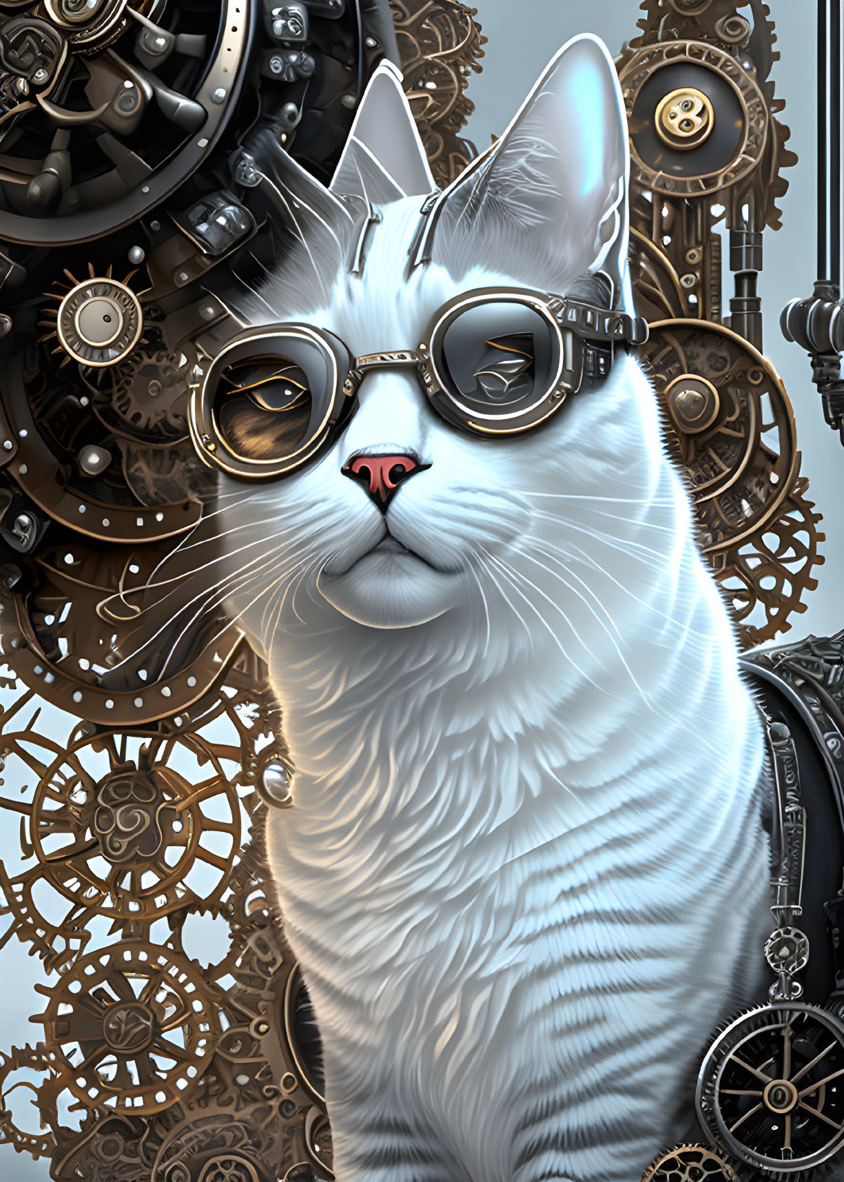 Steampunk-themed white cat with goggles among intricate gears