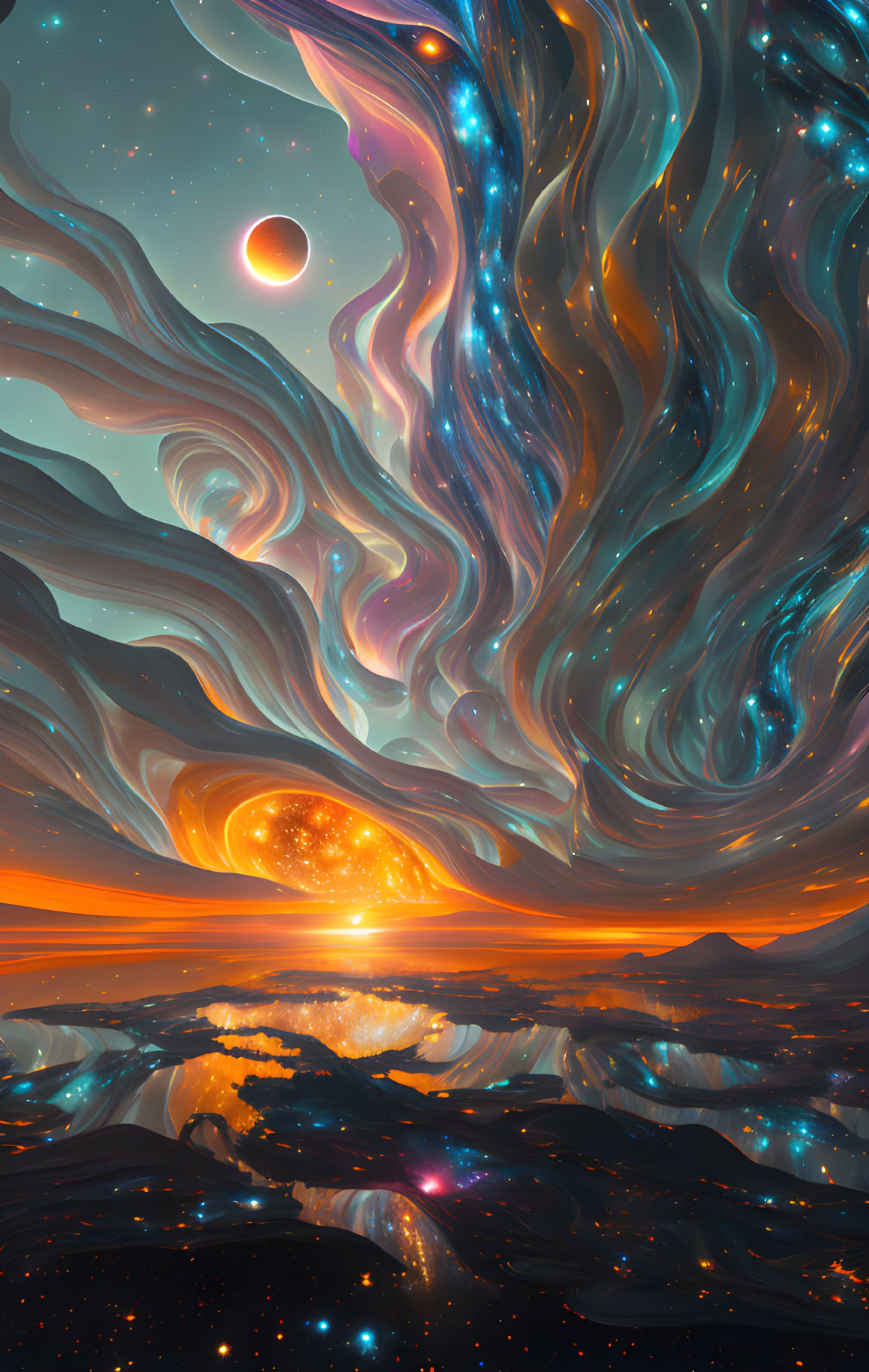 Colorful digital artwork: Swirling cosmic scene with orange sun, celestial bodies, and dynamic structures