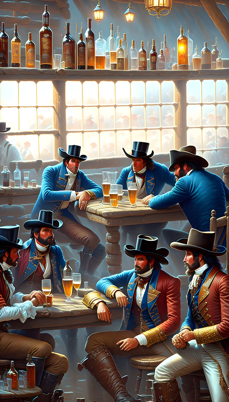 Victorian-era bar scene with elegantly dressed gentlemen socializing and drinking beer