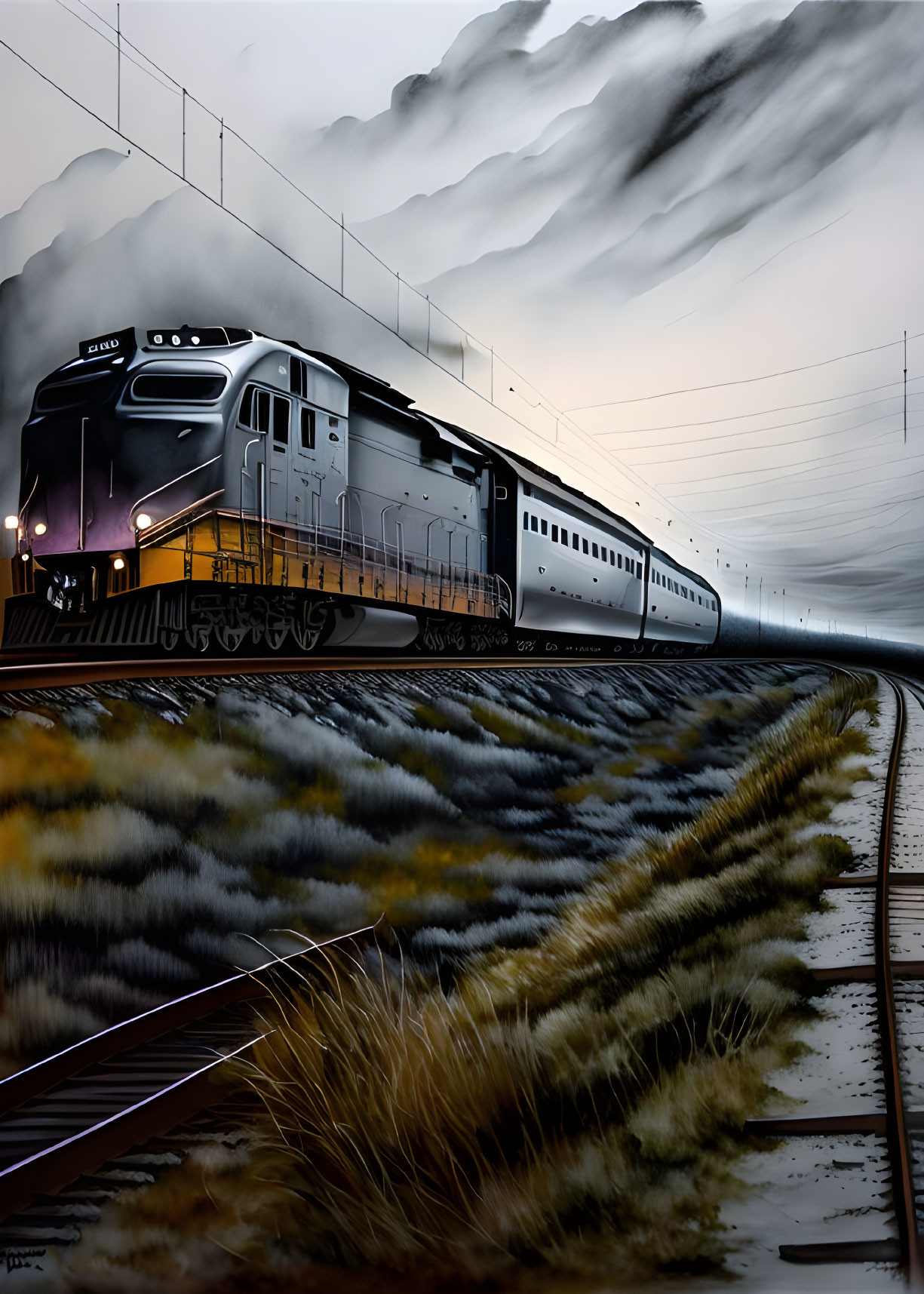 Passenger train speeding through moody landscape