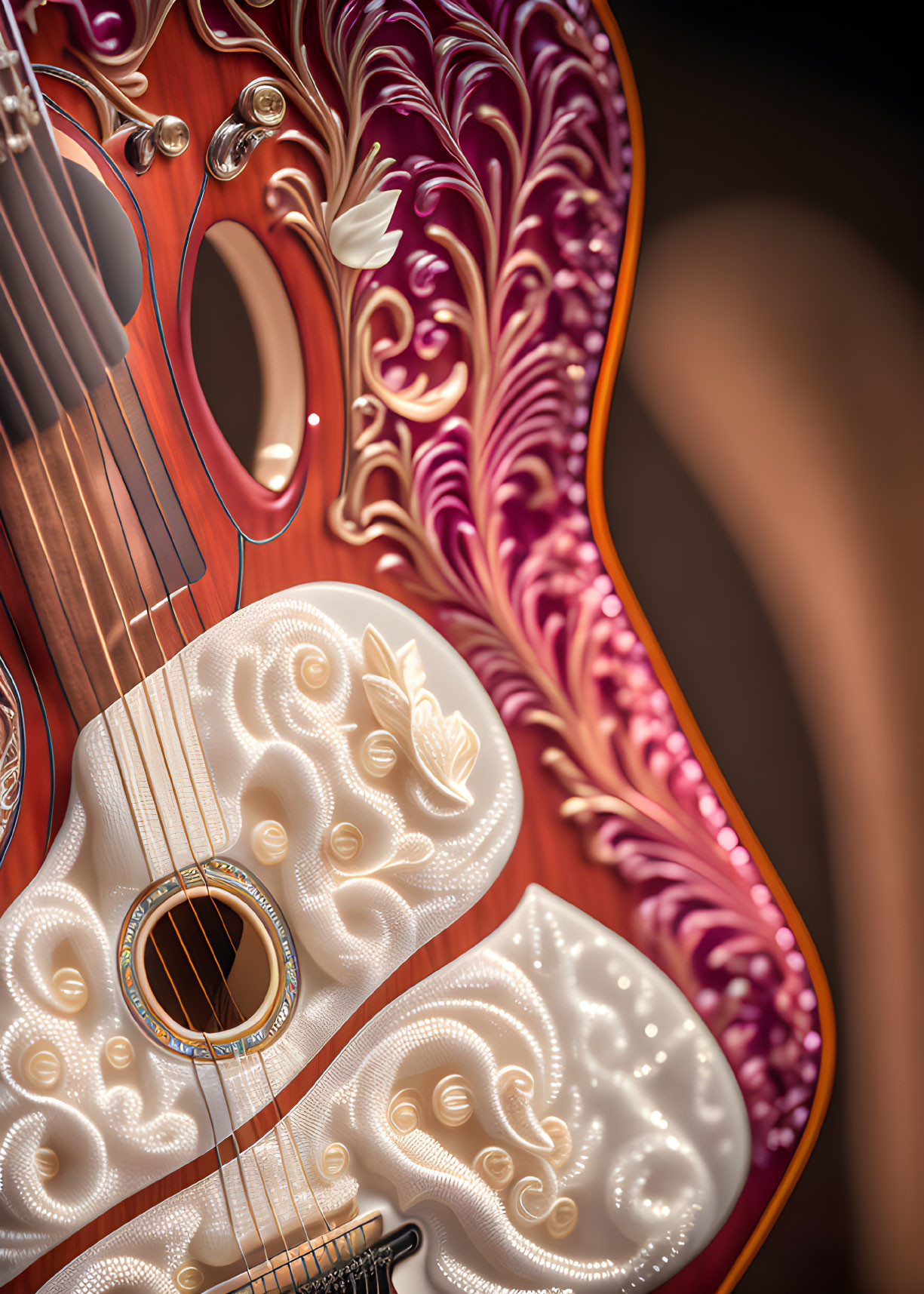 Ornately Decorated Guitar with White and Burgundy Carvings and Inlays