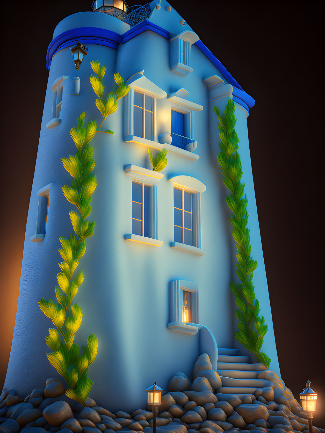 Whimsical digital art: Tall blue lighthouse with green plants at twilight