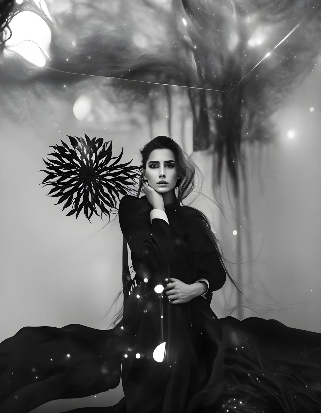 Monochrome image: Woman with abstract umbrella and flowing fabric