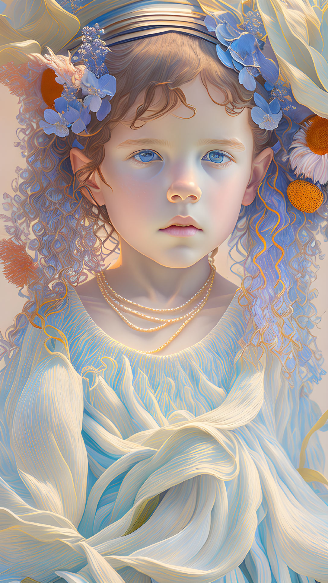 Young girl digital portrait with blue eyes, golden hair, flowers, pearl necklace on blue background