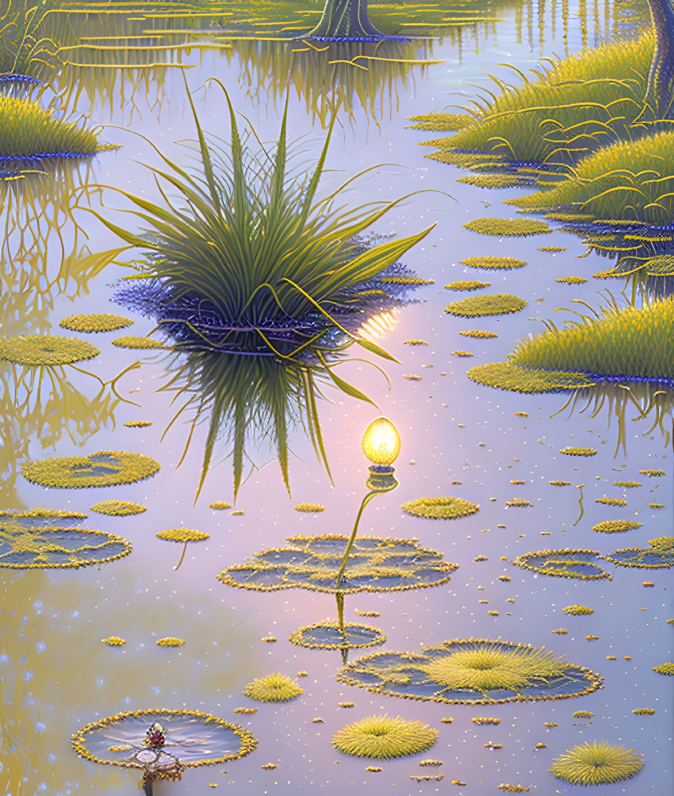 Enchanting marsh with glowing lily pads and unique flora in twilight